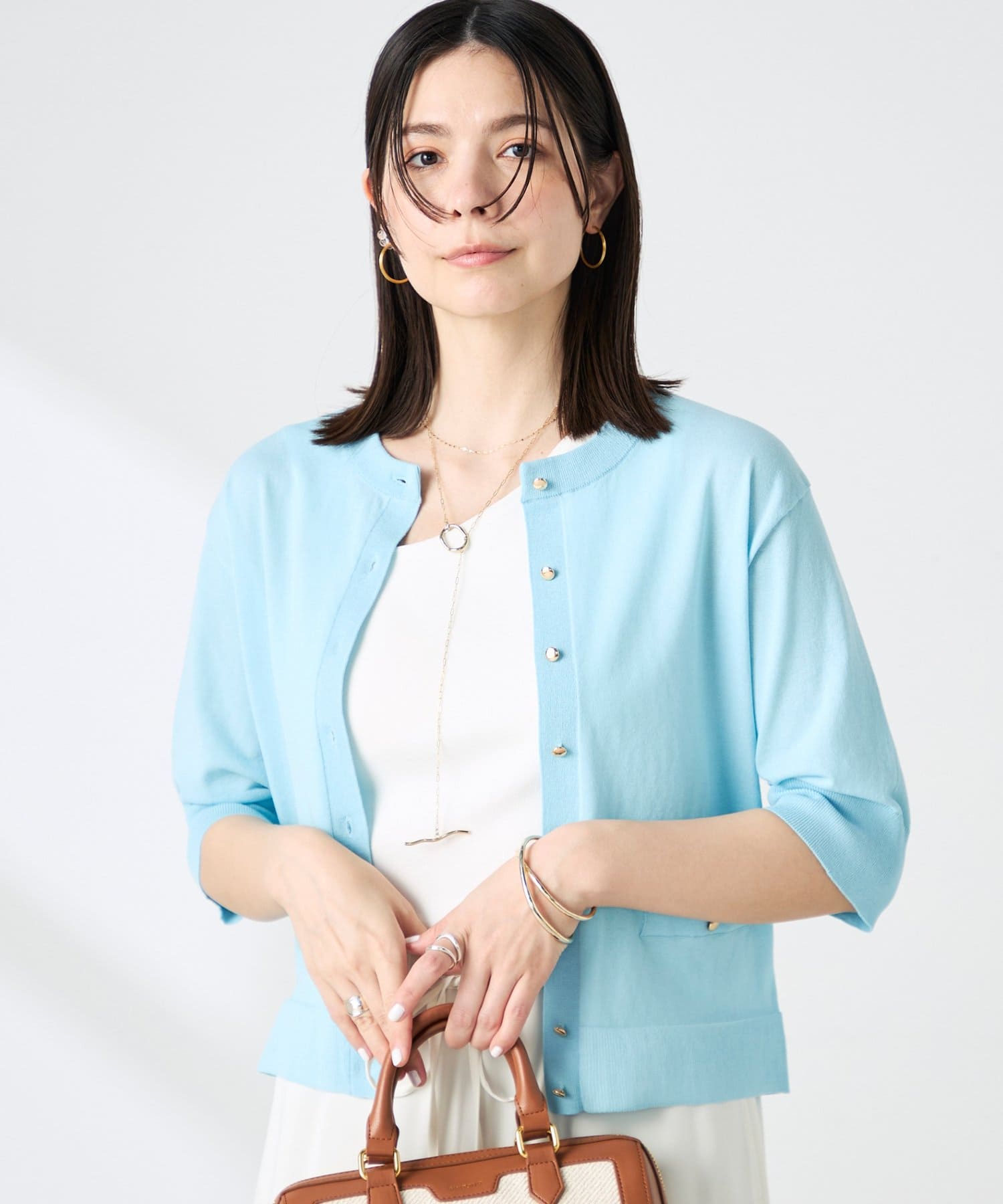 NOLLEY'S(ノーリーズ) 《手洗い可能》エアリーストレッチ5分袖Cネックカーディガン