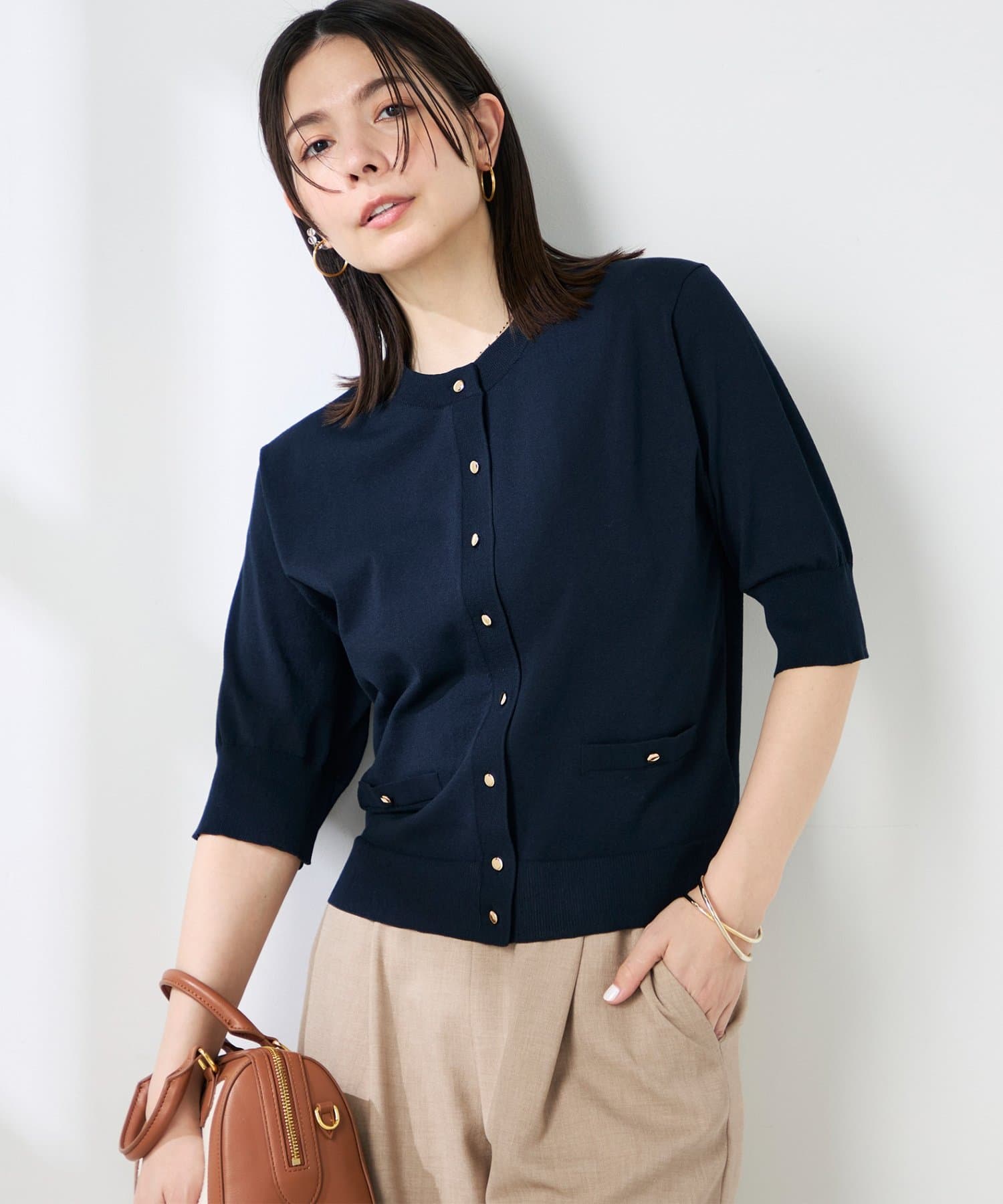 NOLLEY'S(ノーリーズ) 《手洗い可能》エアリーストレッチ5分袖Cネックカーディガン