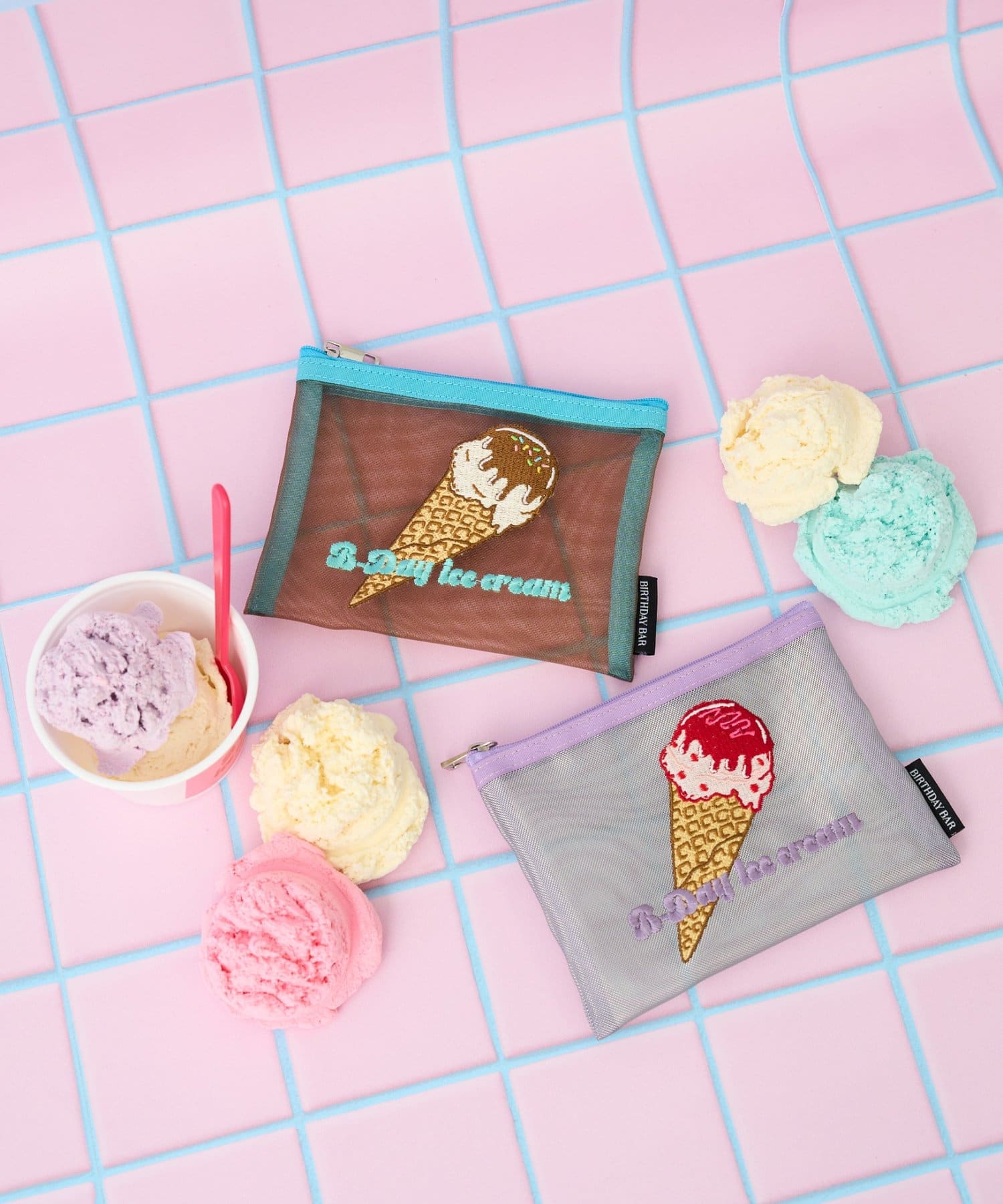 BIRTHDAY BAR(バースデイバー) B-DAYアイスクリーム　刺繍メッシュポーチ