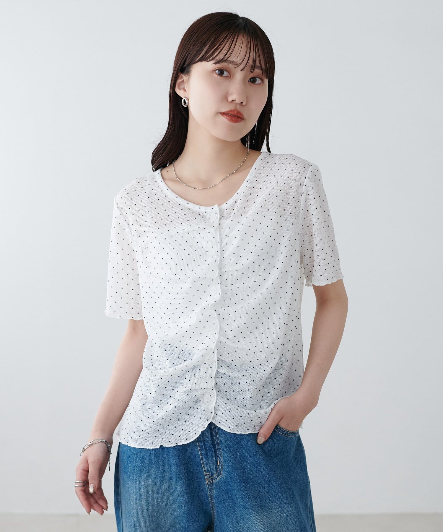 DISCOAT(ディスコート) シアーワッフルフロントギャザーTシャツ