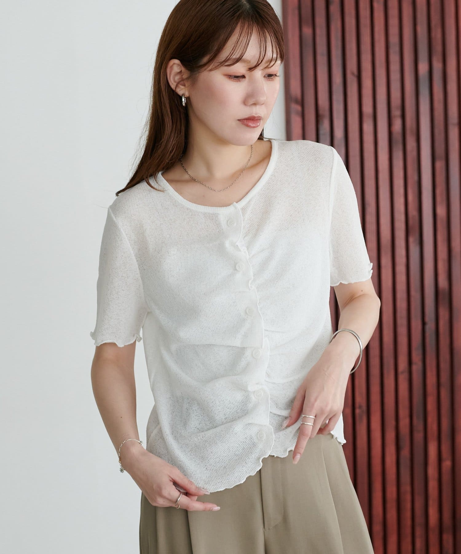 DISCOAT(ディスコート) シアーワッフルフロントギャザーTシャツ