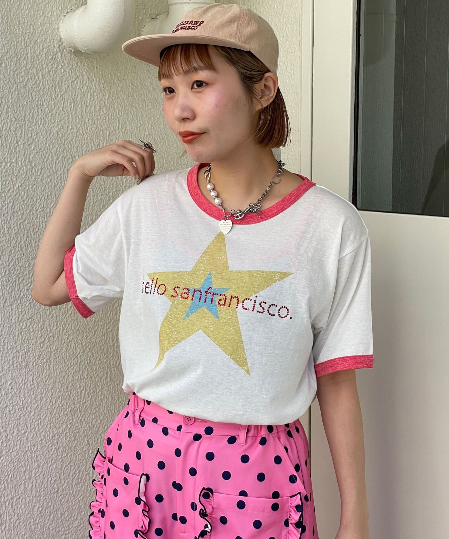 CIAOPANIC(チャオパニック) 【HELLO.SANFRANCISCO/ハローサンフランシスコ】ラインストーンプリントリンガーTEE