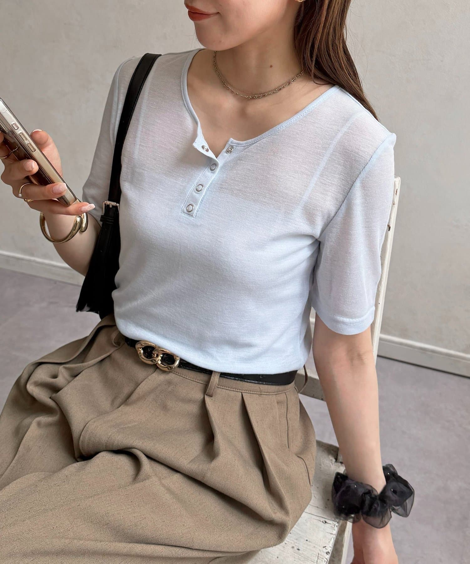 Thevon.(ゼヴォン) シアーリブヘンリーネック5分袖プルオーバー