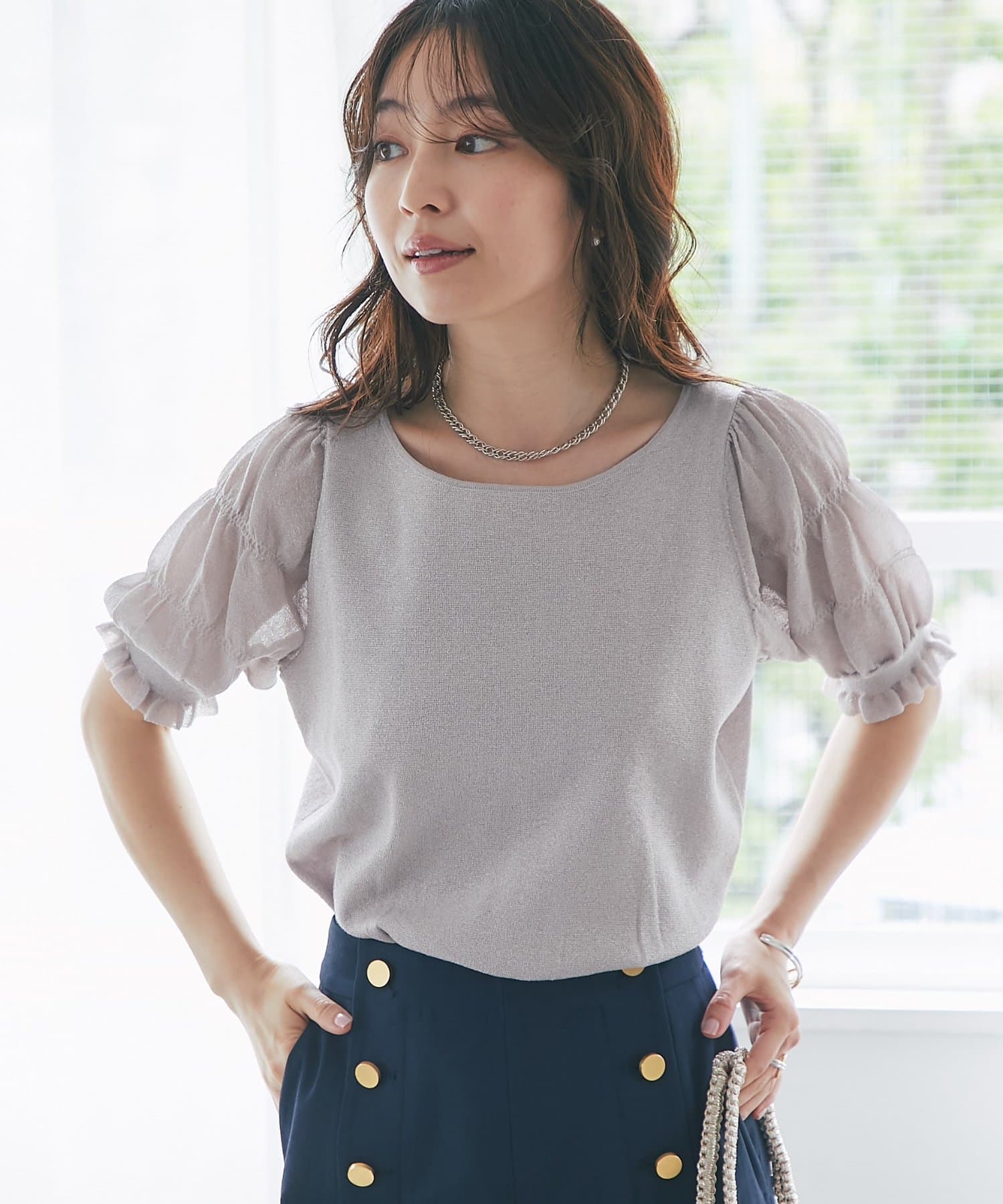 La boutique BonBon(ラブティックボンボン) シャーリング5分袖ラメニット