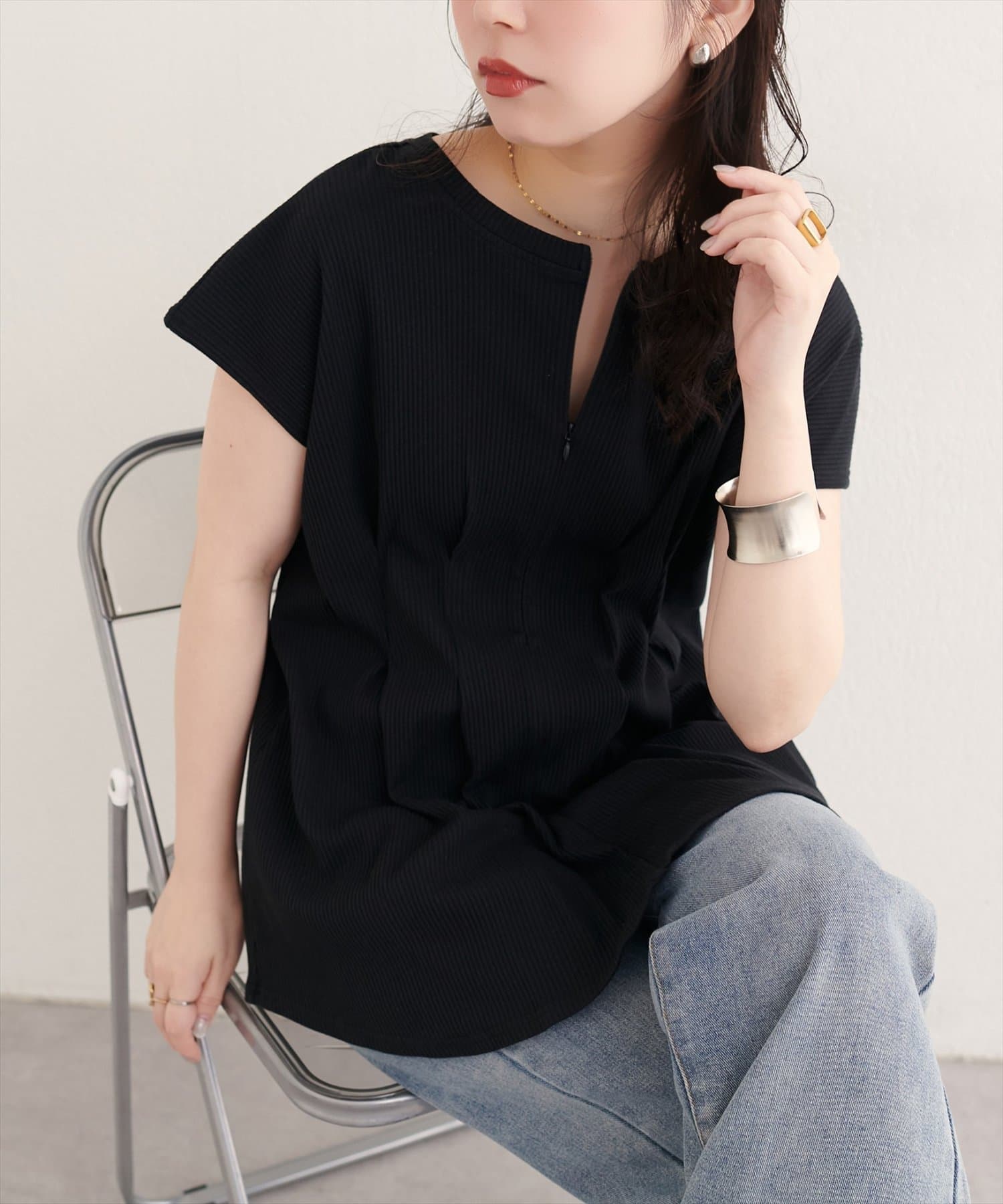 natural couture(ナチュラルクチュール) 【mamamo】テレコリブzipあきTOPS