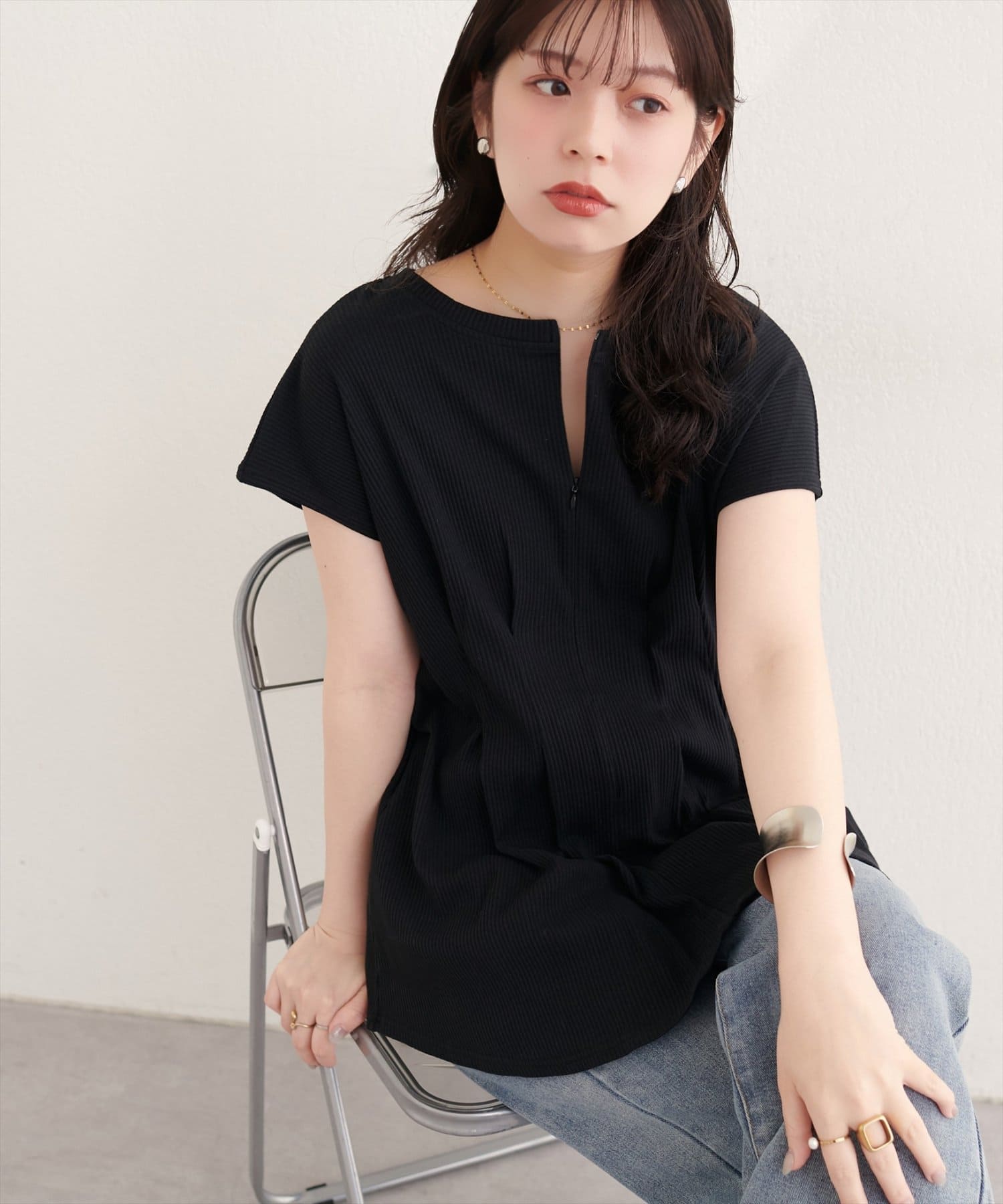 natural couture(ナチュラルクチュール) 【mamamo】テレコリブzipあきTOPS