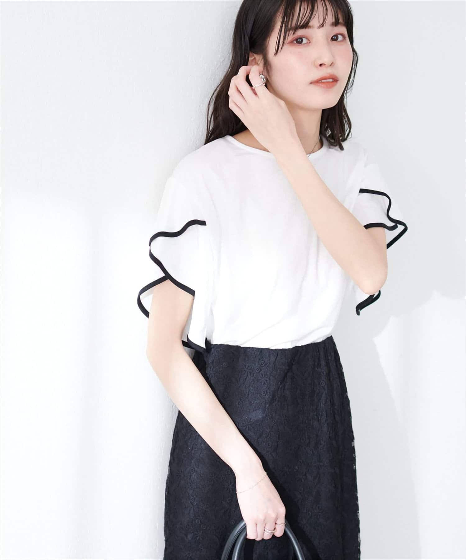 natural couture(ナチュラルクチュール) 【sherbet line】接触冷感配色ラッフルスリーブプルオーバー