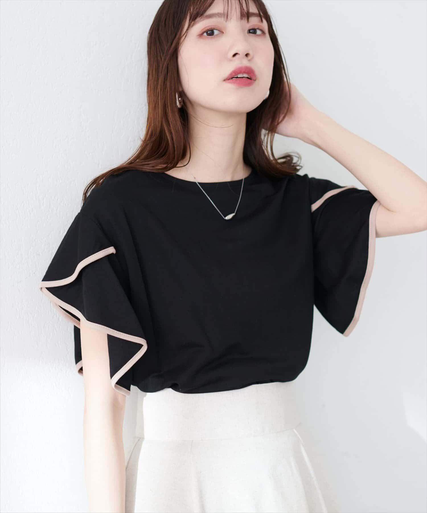 natural couture(ナチュラルクチュール) 【sherbet line】接触冷感配色ラッフルスリーブプルオーバー