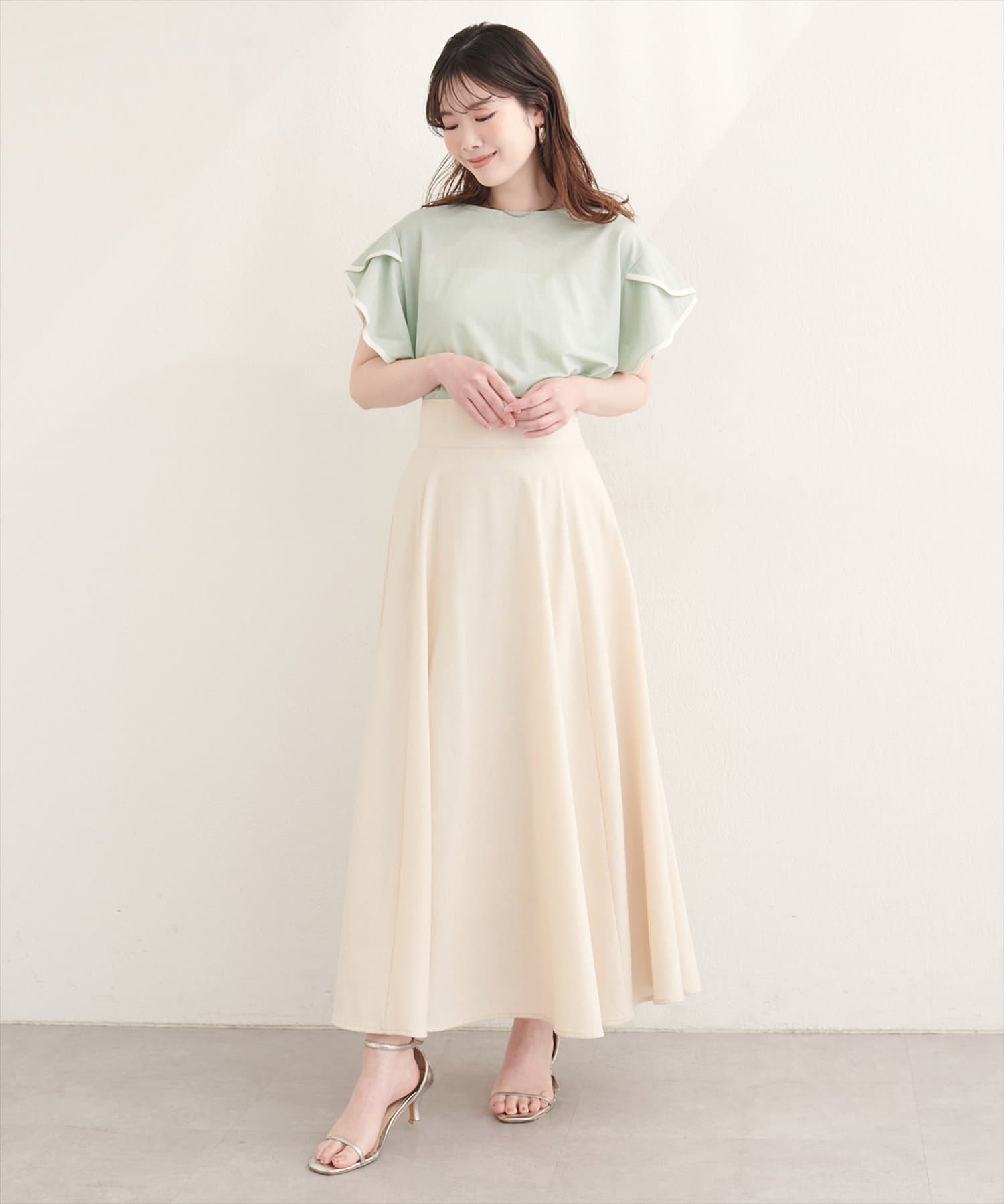 natural couture(ナチュラルクチュール) 【sherbet line】接触冷感配色ラッフルスリーブプルオーバー