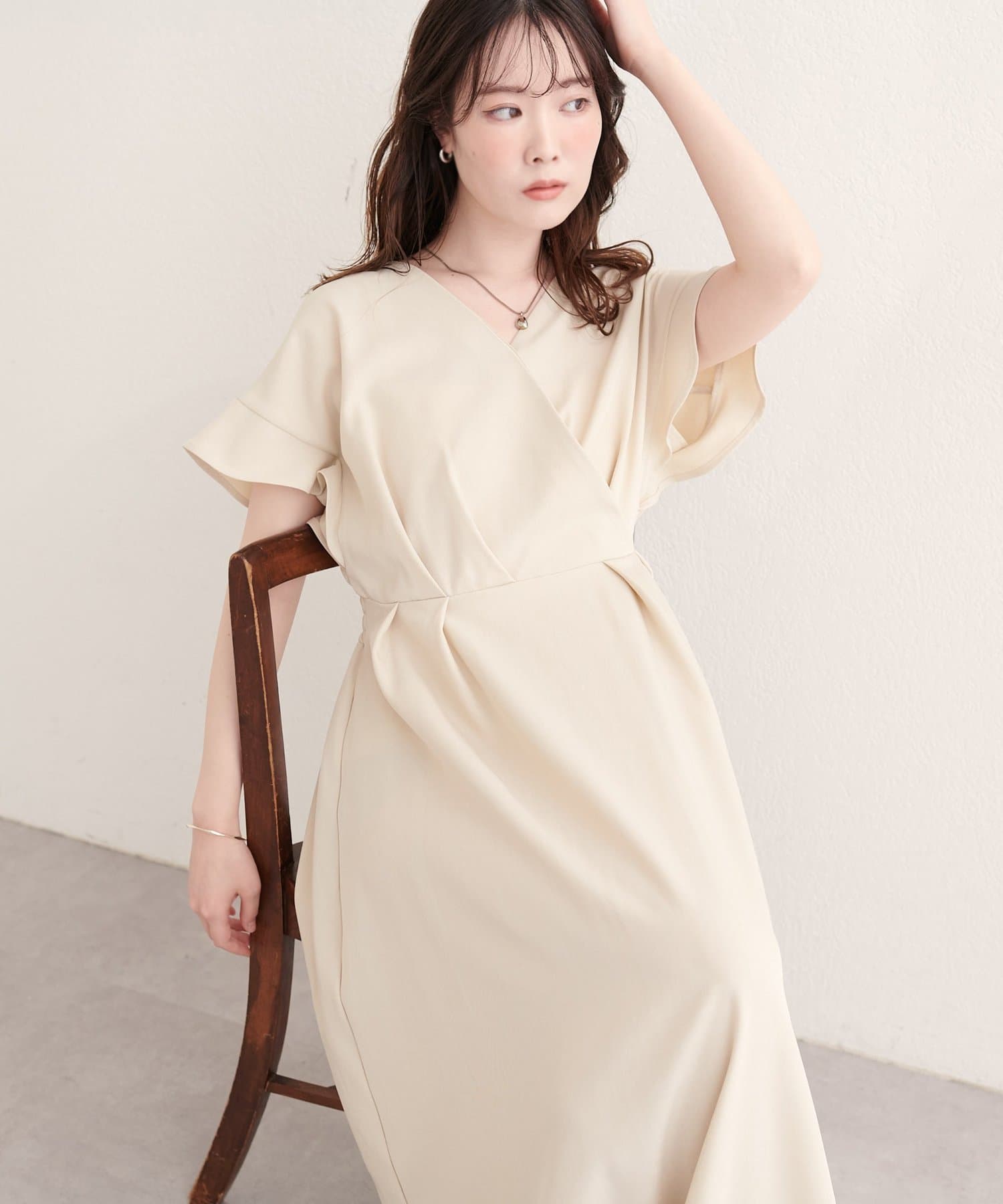 natural couture(ナチュラルクチュール) 【sherbet line】接触冷感カシュクールフリル袖ワンピース