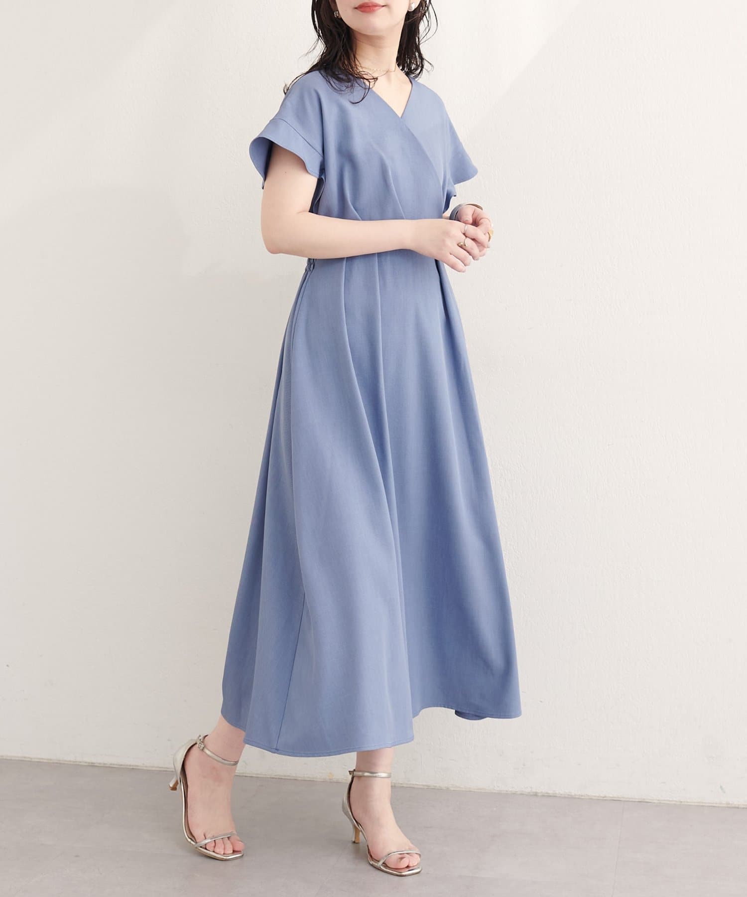 natural couture(ナチュラルクチュール) 【sherbet line】接触冷感カシュクールフリル袖ワンピース