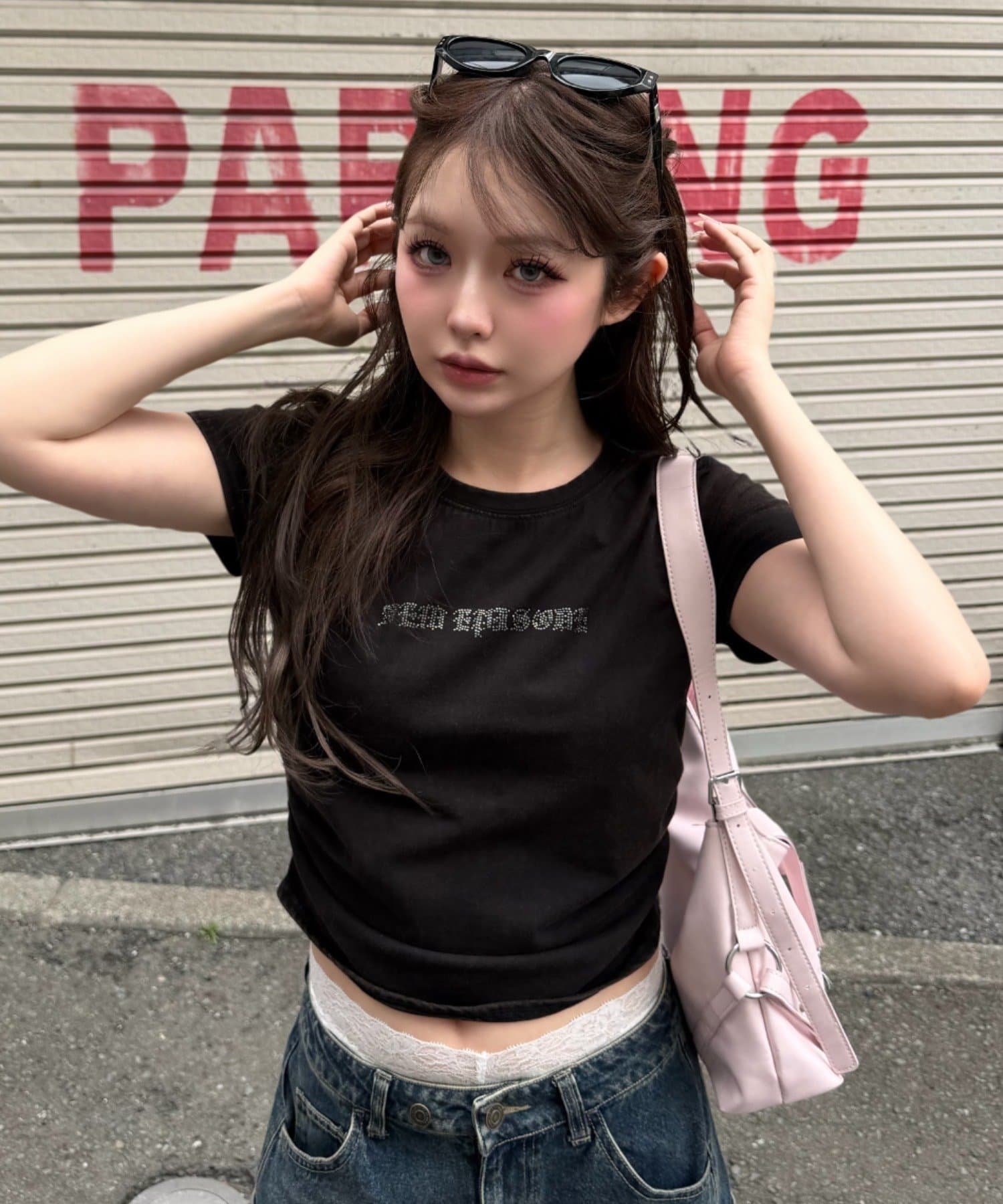 RAY CASSIN(レイカズン) ラインストーンロゴチビTシャツ