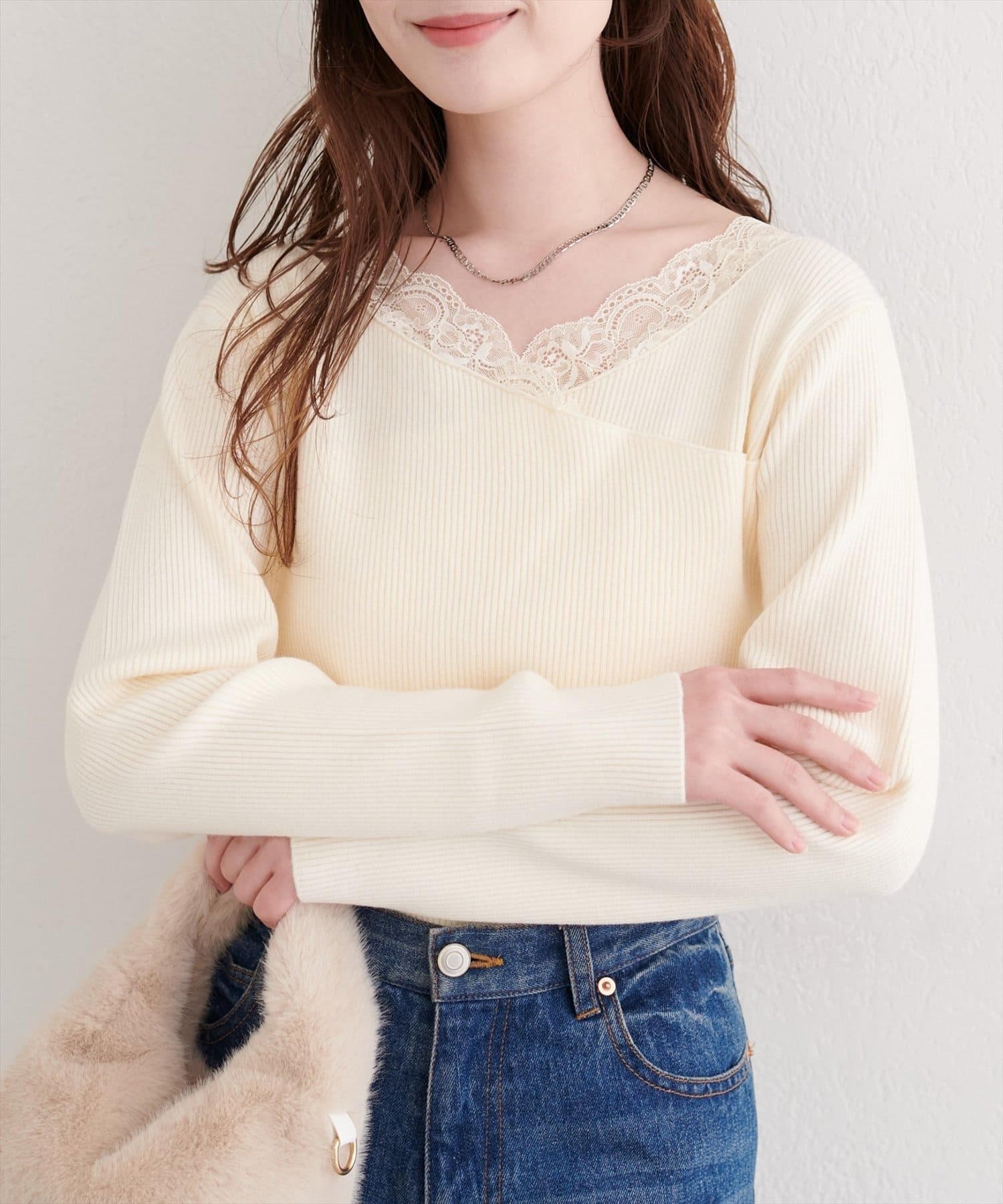 NICE CLAUP / OLIVE des OLIVE OUTLET(ナイスクラップ  / オリーブ デ オリーブ アウトレット) 【natural couture】アシメレースネックリブニットプルオーバー