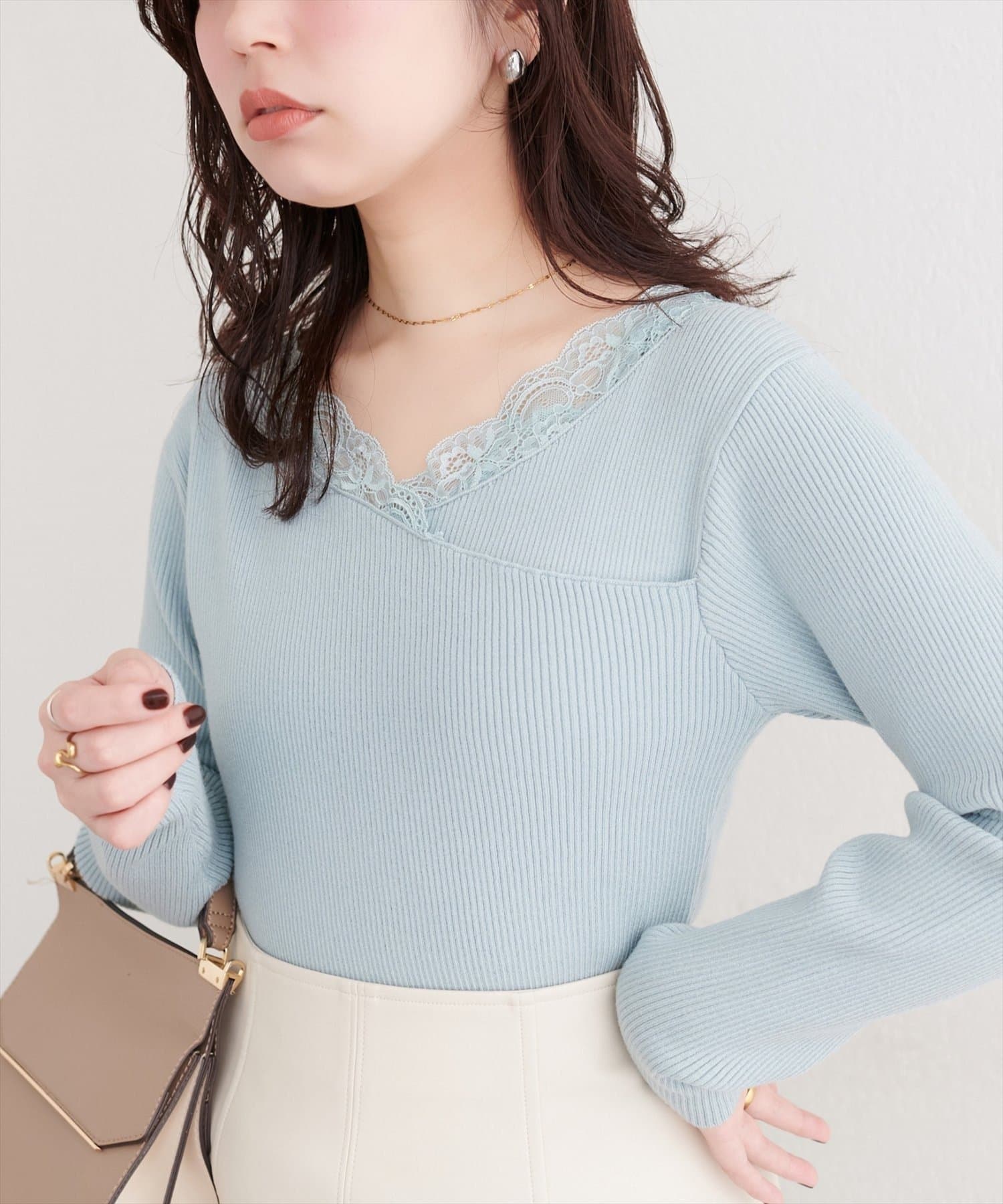 NICE CLAUP / OLIVE des OLIVE OUTLET(ナイスクラップ  / オリーブ デ オリーブ アウトレット) 【natural couture】アシメレースネックリブニットプルオーバー