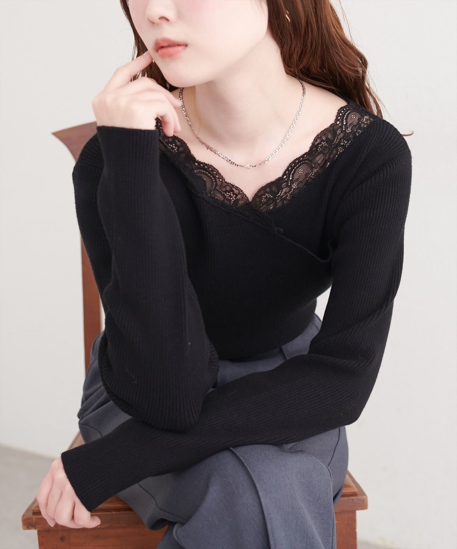 NICE CLAUP / OLIVE des OLIVE OUTLET(ナイスクラップ  / オリーブ デ オリーブ アウトレット) 【natural couture】アシメレースネックリブニットプルオーバー