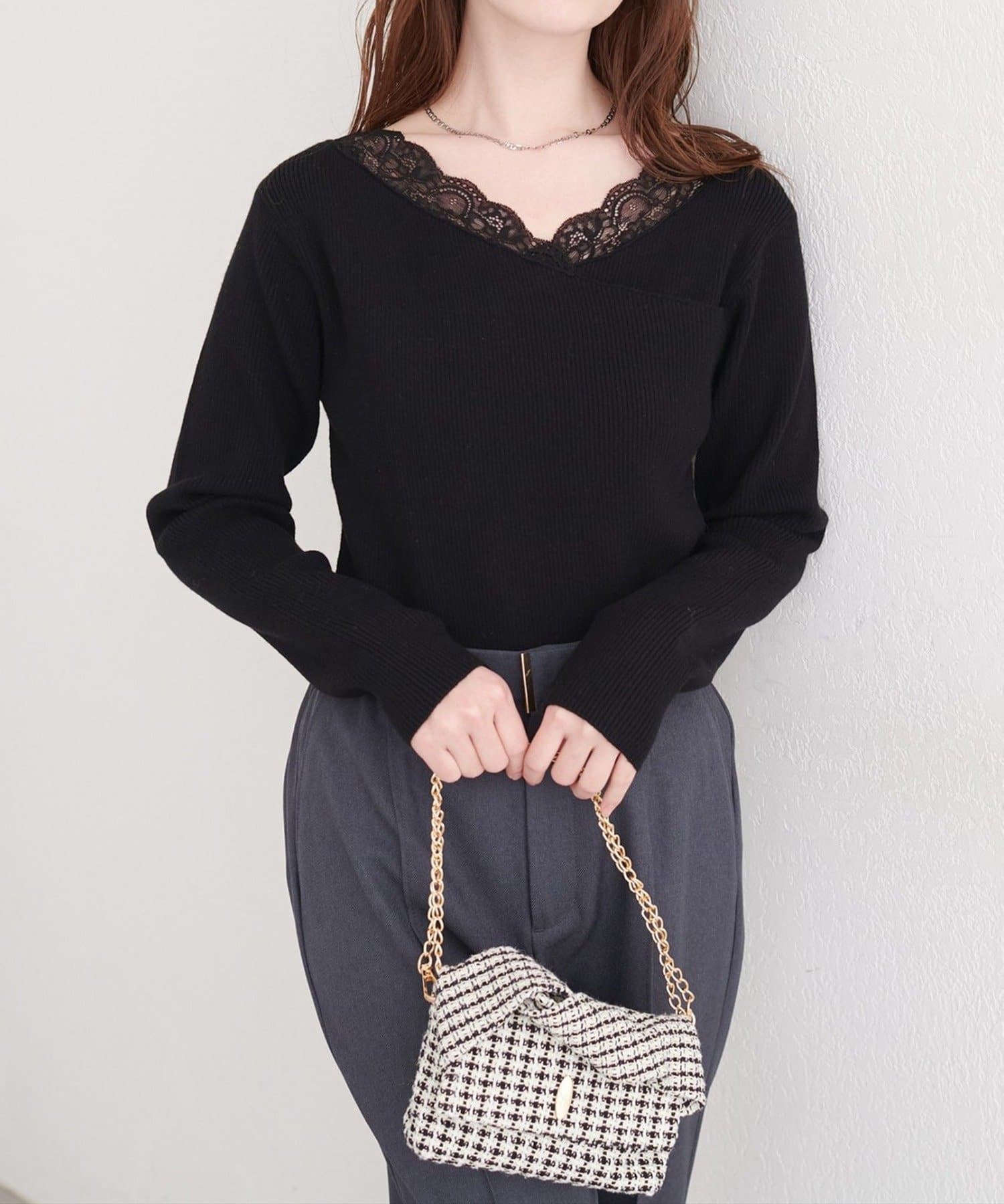 NICE CLAUP / OLIVE des OLIVE OUTLET(ナイスクラップ  / オリーブ デ オリーブ アウトレット) 【natural couture】アシメレースネックリブニットプルオーバー