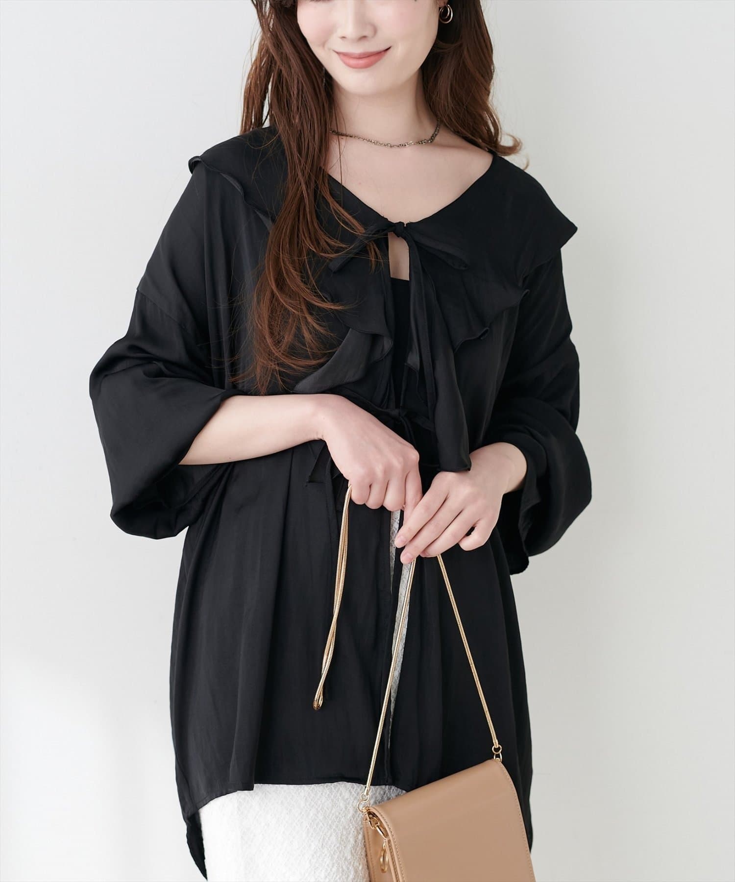 NICE CLAUP / OLIVE des OLIVE OUTLET(ナイスクラップ  / オリーブ デ オリーブ アウトレット) 【natural couture】ポリエステルレーヨンフリルシャツ