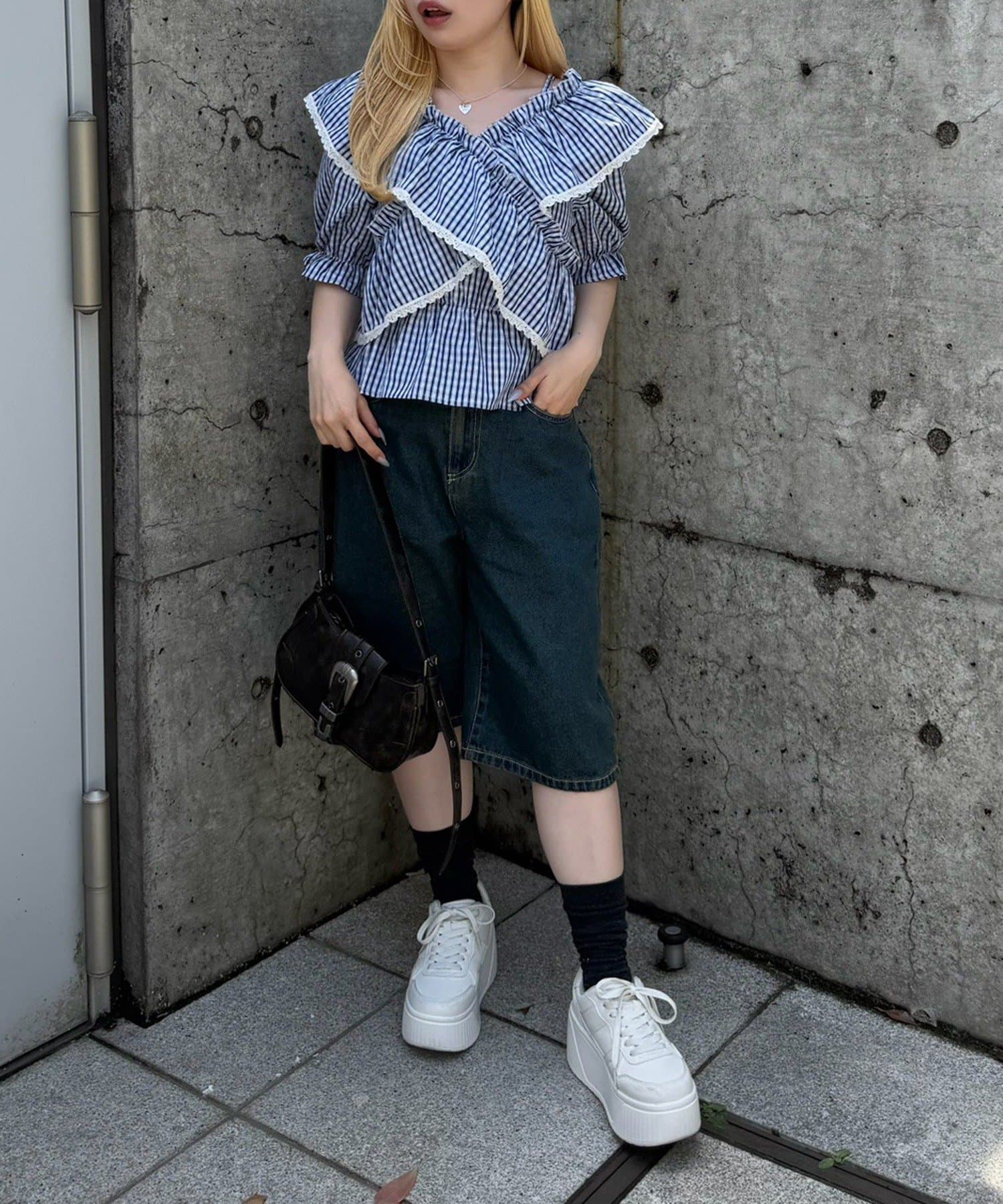 NICE CLAUP / OLIVE des OLIVE OUTLET(ナイスクラップ  / オリーブ デ オリーブ アウトレット) 【@_puni.moe企画】レース&ドットベルトハーフデニム