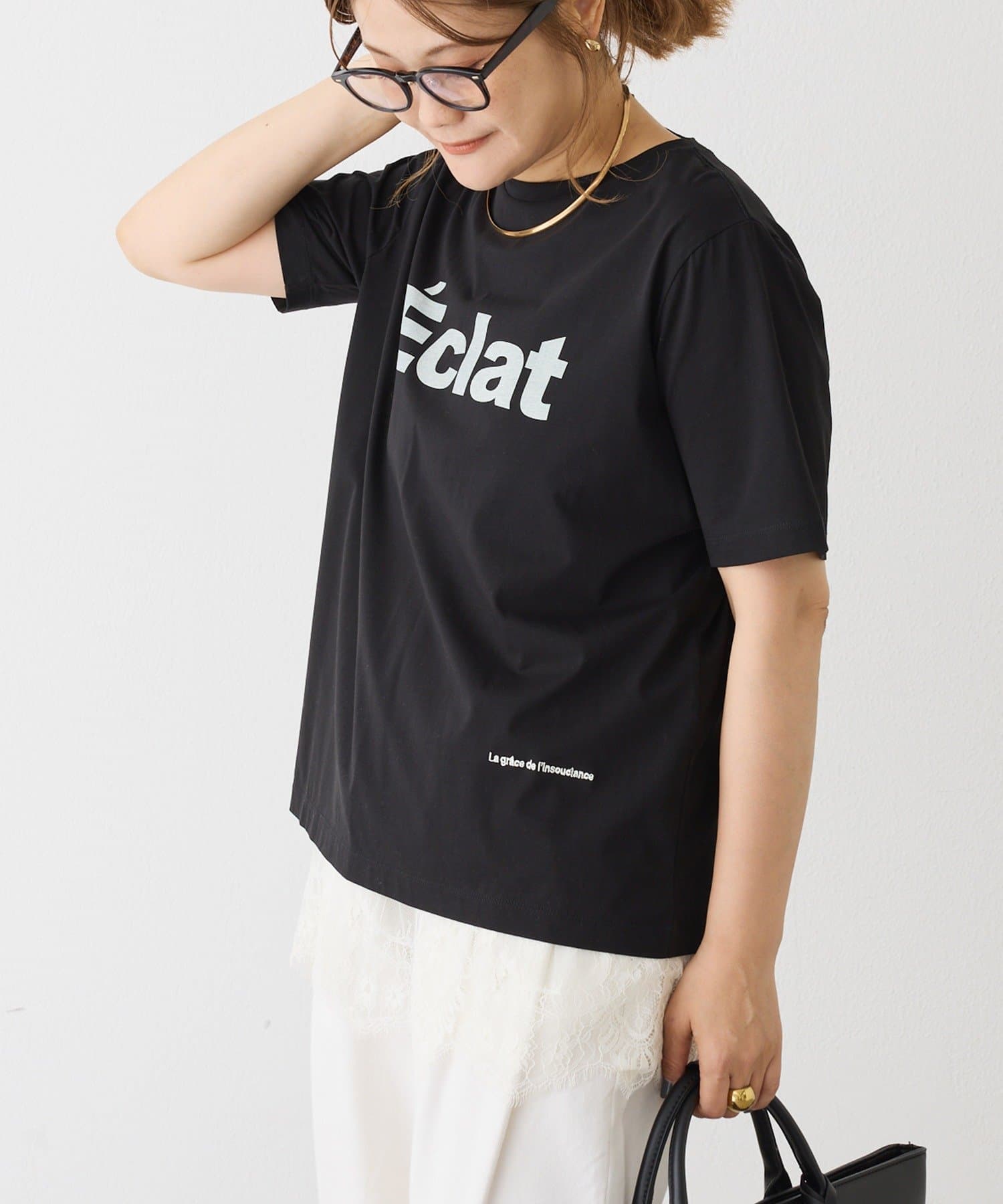 PUAL CE CIN(ピュアルセシン) シルケットロゴプリント×刺繍Tシャツ