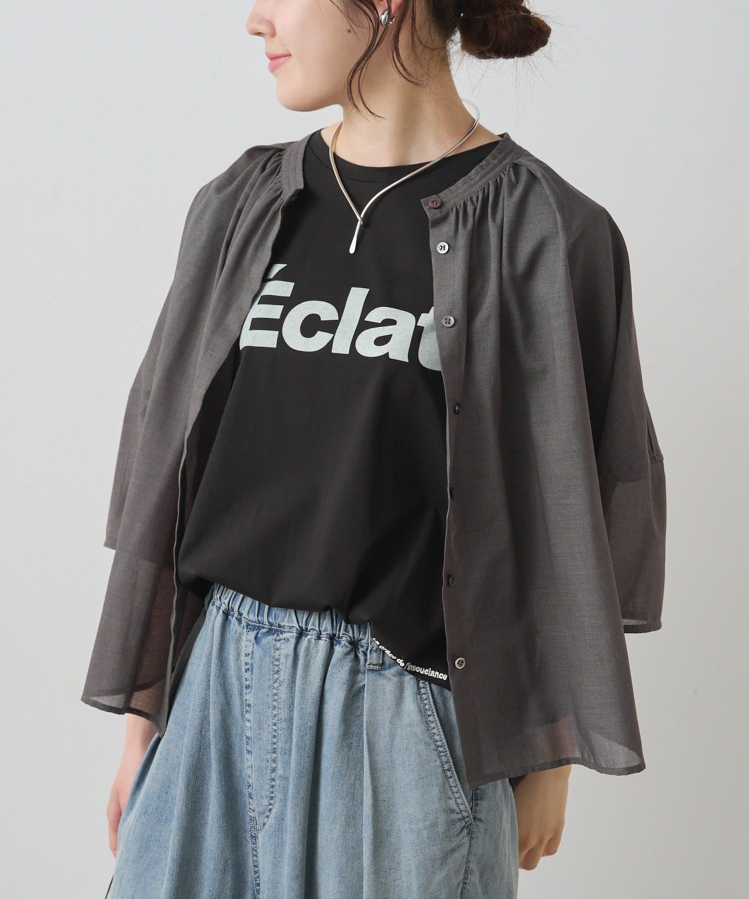 PUAL CE CIN(ピュアルセシン) シルケットロゴプリント×刺繍Tシャツ