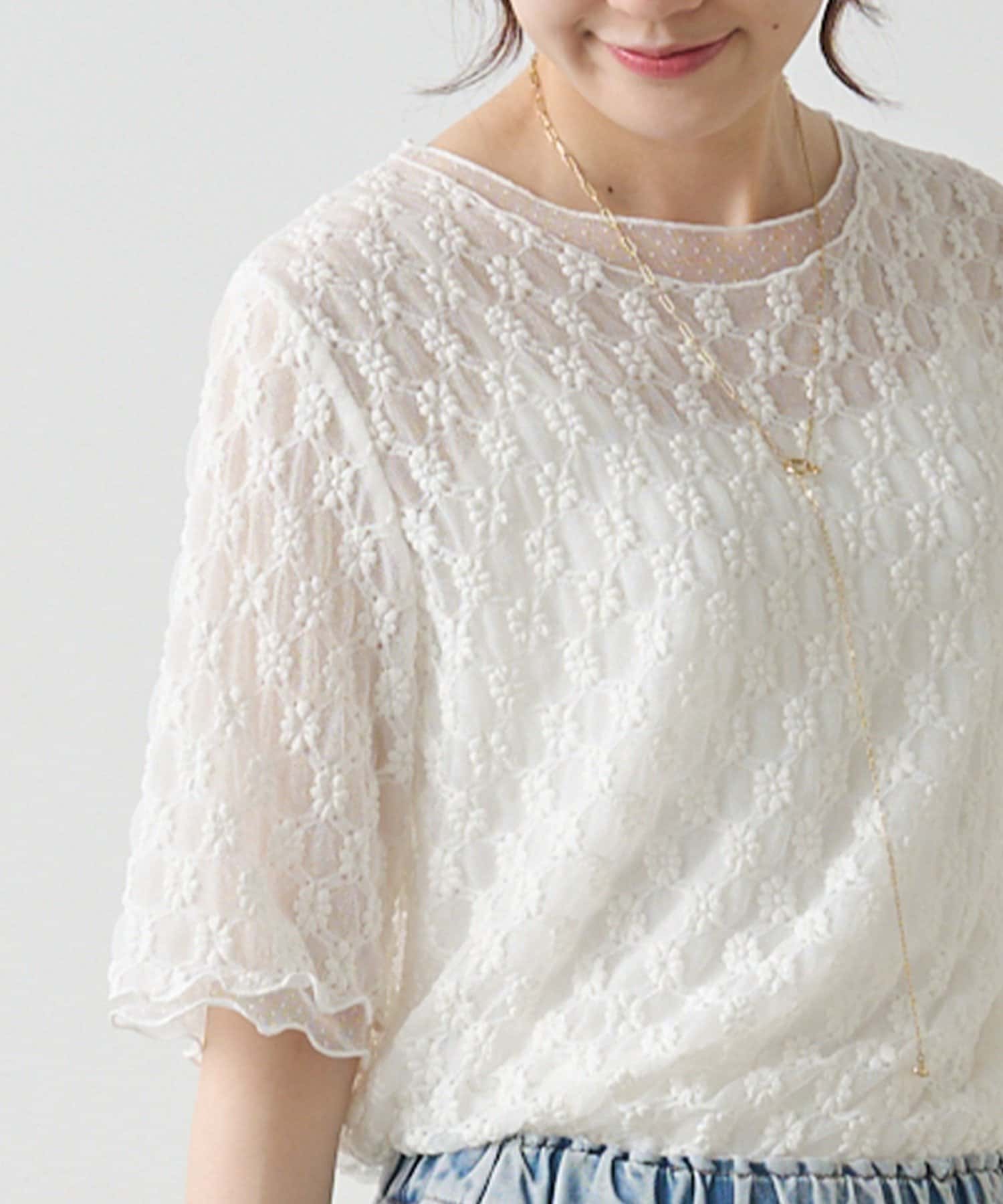 PUAL CE CIN(ピュアルセシン) ストレッチレース×ドットチュールTシャツ