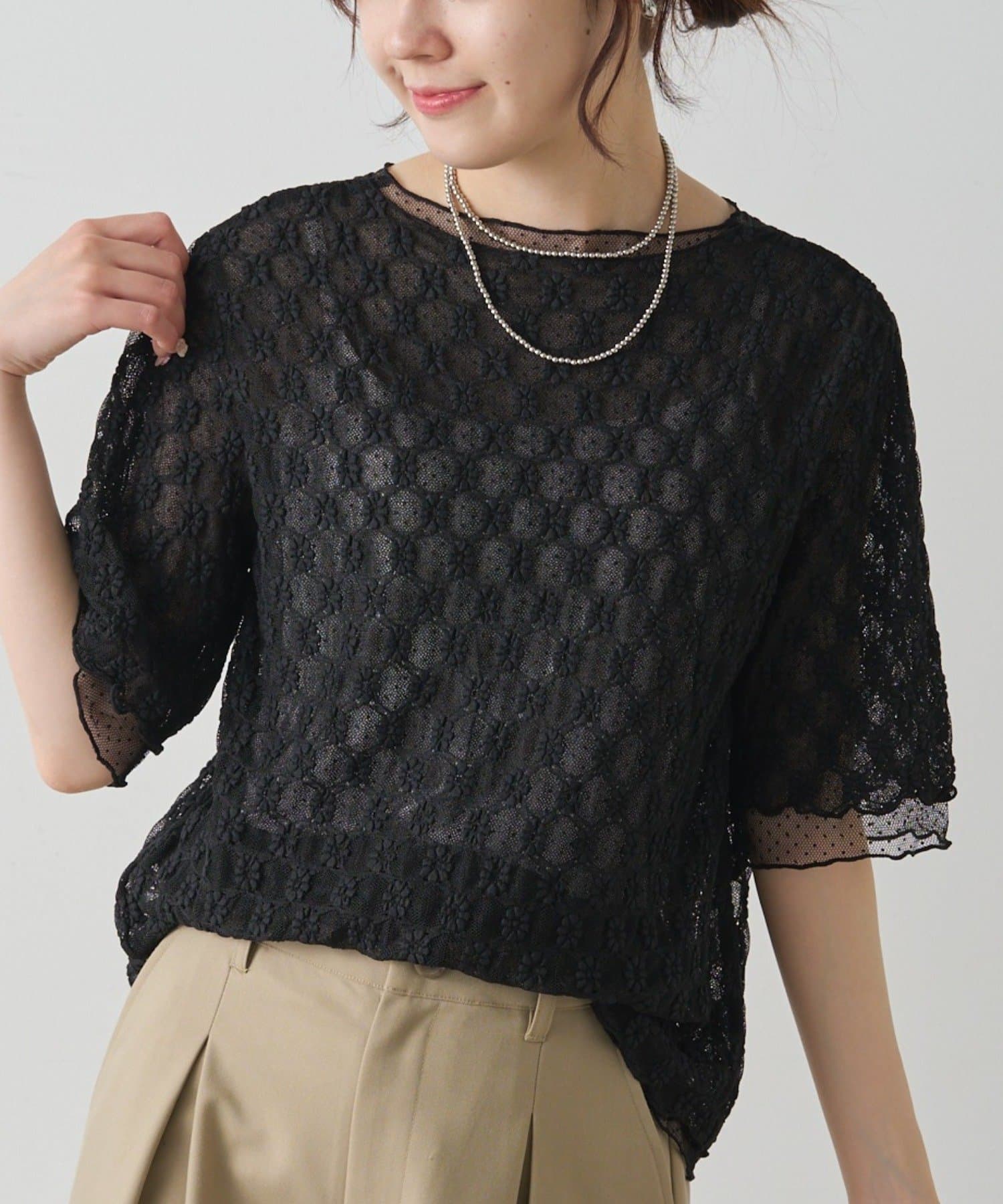 PUAL CE CIN(ピュアルセシン) ストレッチレース×ドットチュールTシャツ