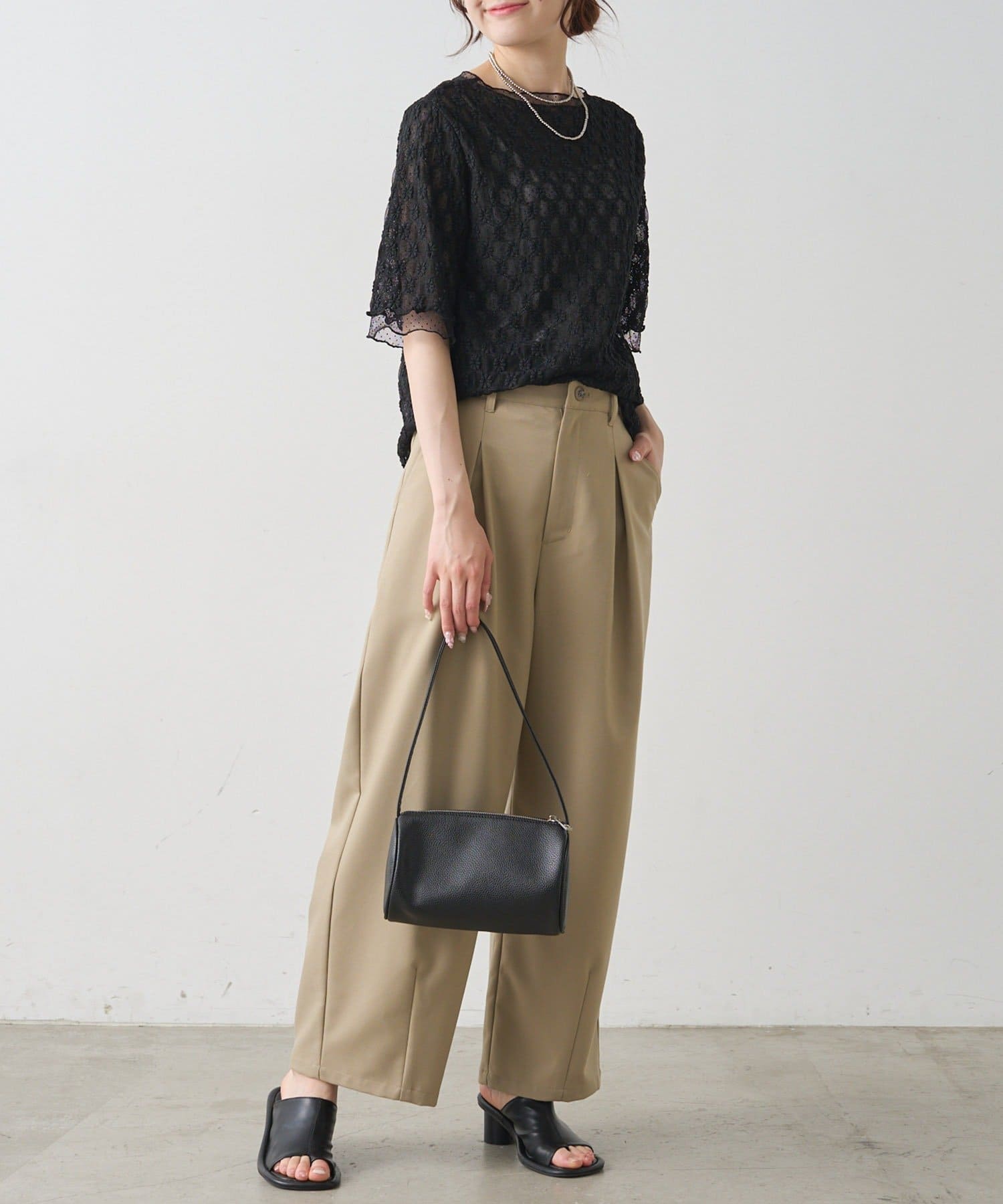 PUAL CE CIN(ピュアルセシン) ストレッチレース×ドットチュールTシャツ