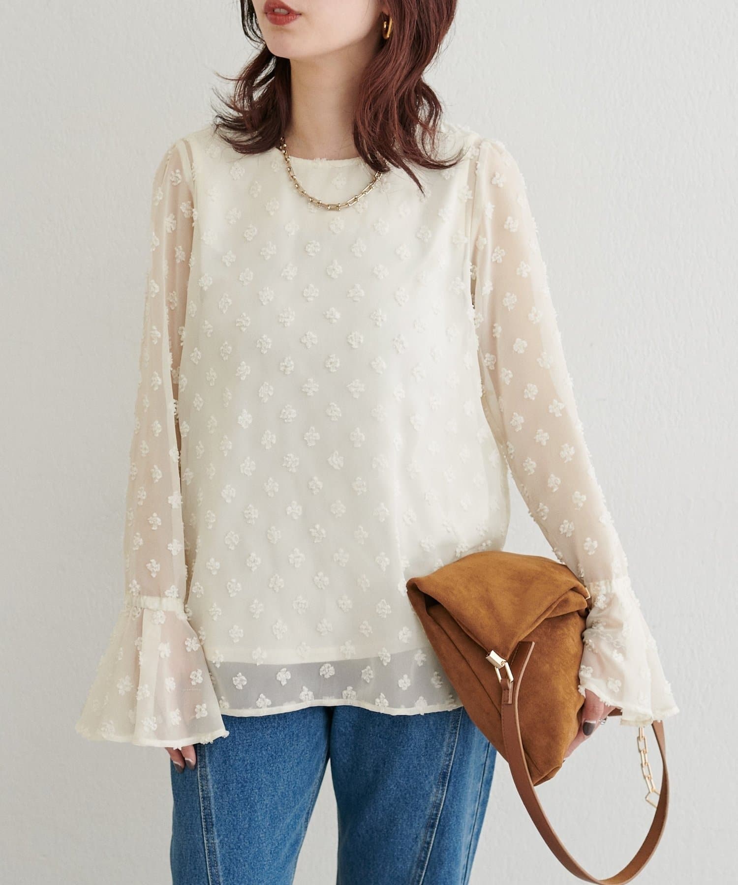 NICE CLAUP / OLIVE des OLIVE OUTLET(ナイスクラップ  / オリーブ デ オリーブ アウトレット) 【LARUTA】フラワードット柄ジャガードシアーブラウス