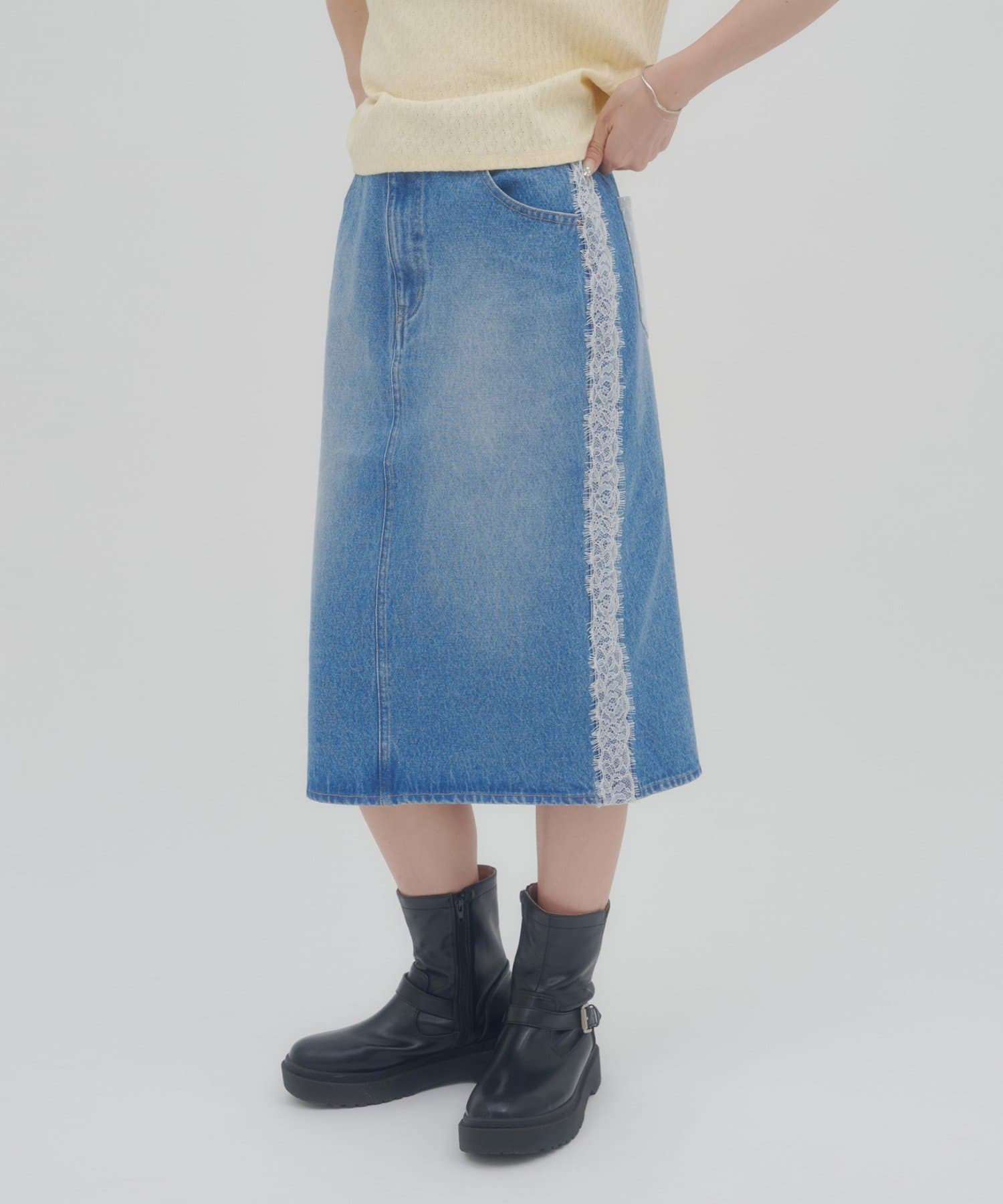 DISCOAT(ディスコート) 《6/4(木)10:00~予約スタート★》【umm.】サイドレースミドルデニムスカート