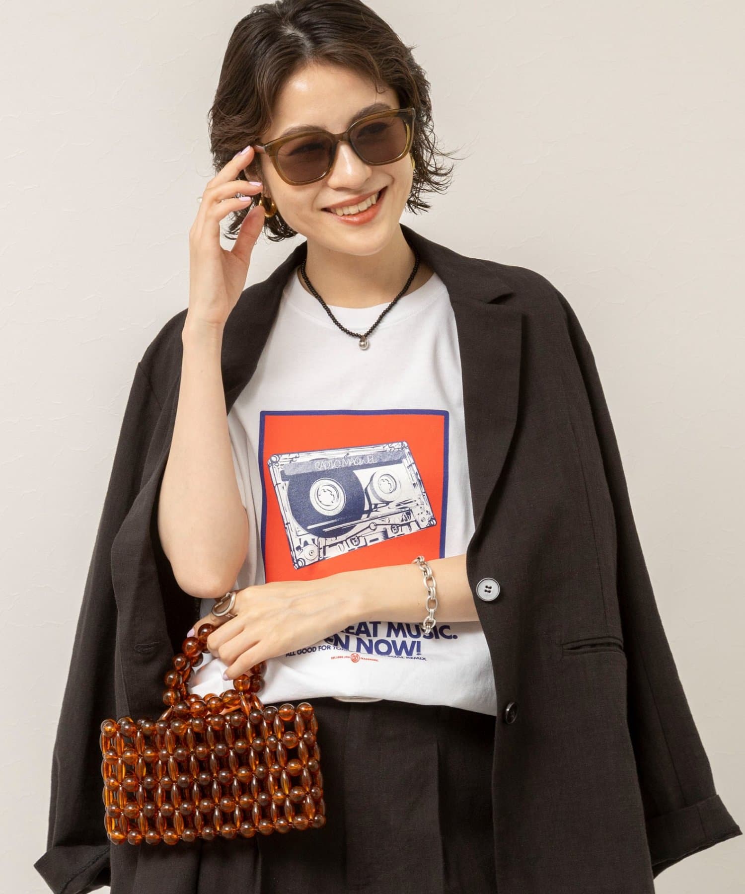 NOLLEY'S(ノーリーズ) ウォッシャブルRADIO Maqwel オープンエンドプリントTシャツ