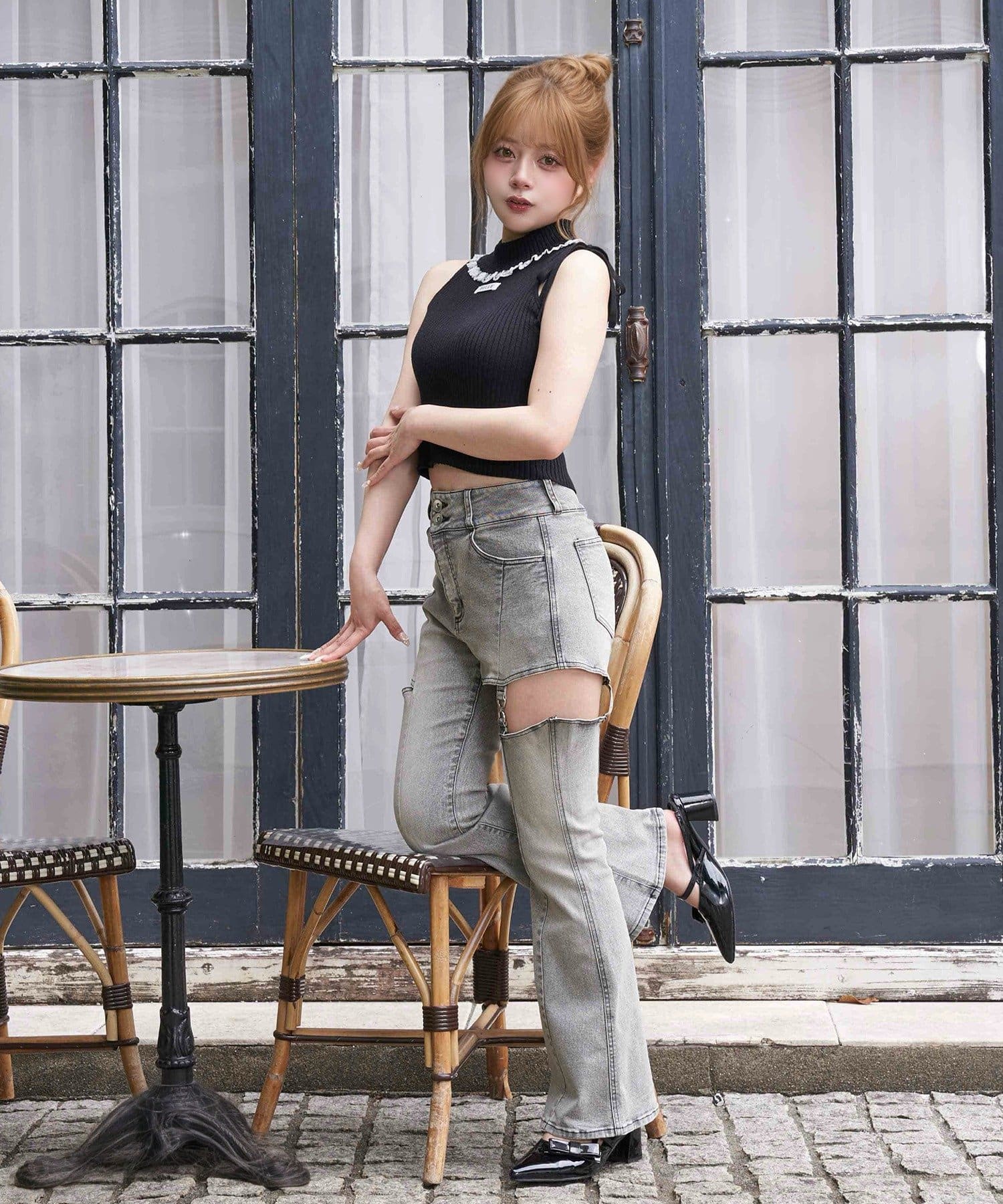 Belle Charme(ベルシャルム) Lace Rib Knit Tank Top