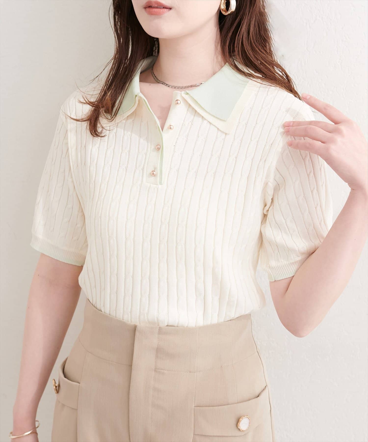 natural couture(ナチュラルクチュール) ダブルカラーポロニットプルオーバー