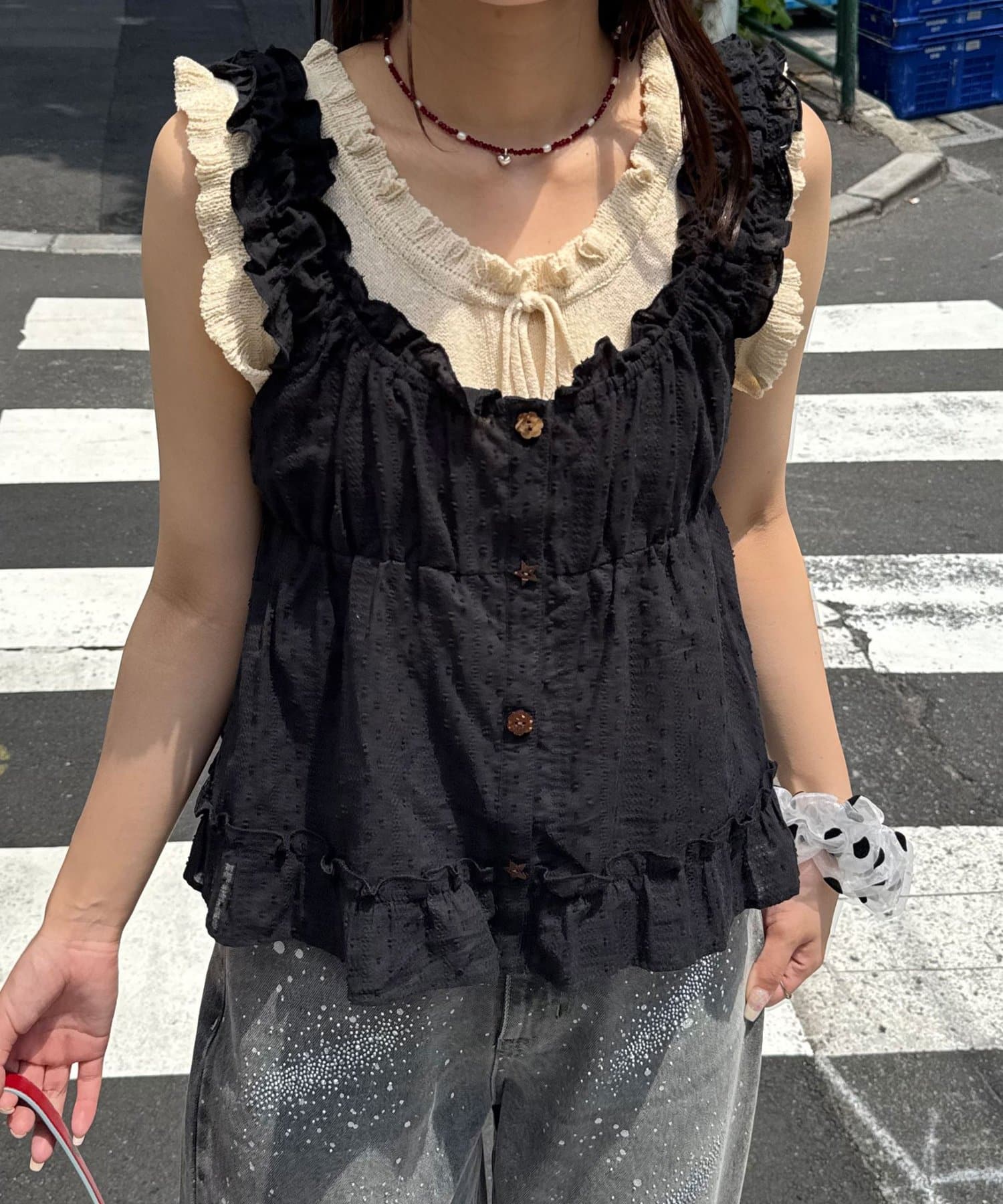 CIAOPANIC(チャオパニック) ウッドボタンドビーシャーリングキャミビスチェ