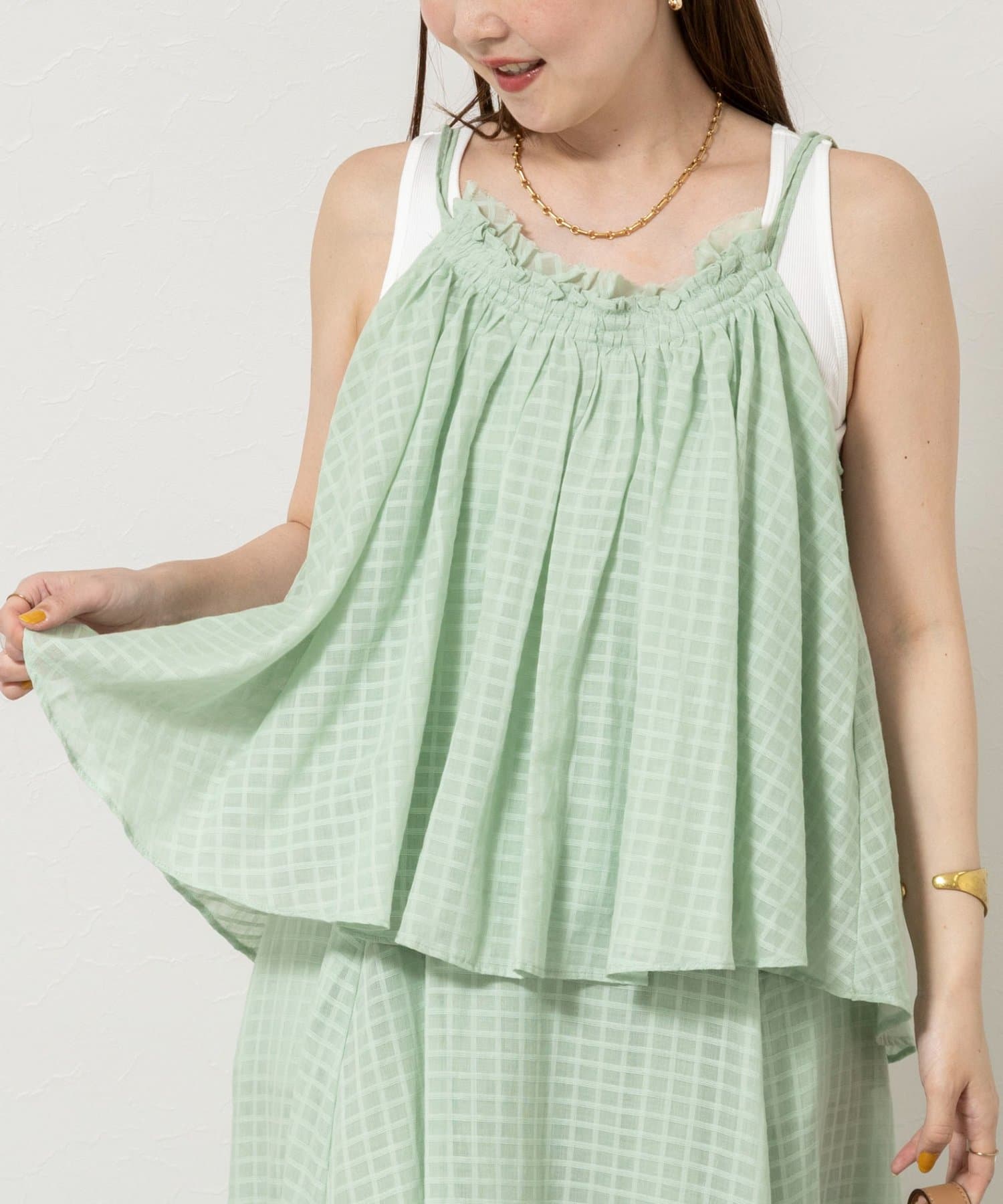 NOLLEY'S(ノーリーズ) natural dye sheer cotton checkギャザーキャミソール