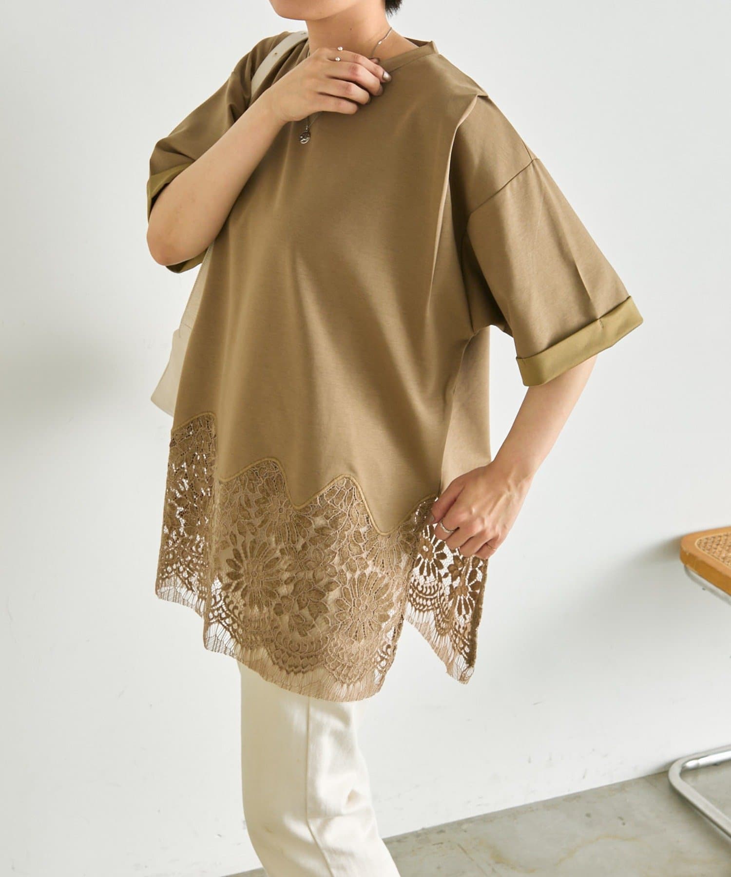 ear PAPILLONNER(イア パピヨネ) 《接触冷感/体型カバー/透け感/リラックス》裾レーストップス【SUM1 STYLE(スミスタイル)】
