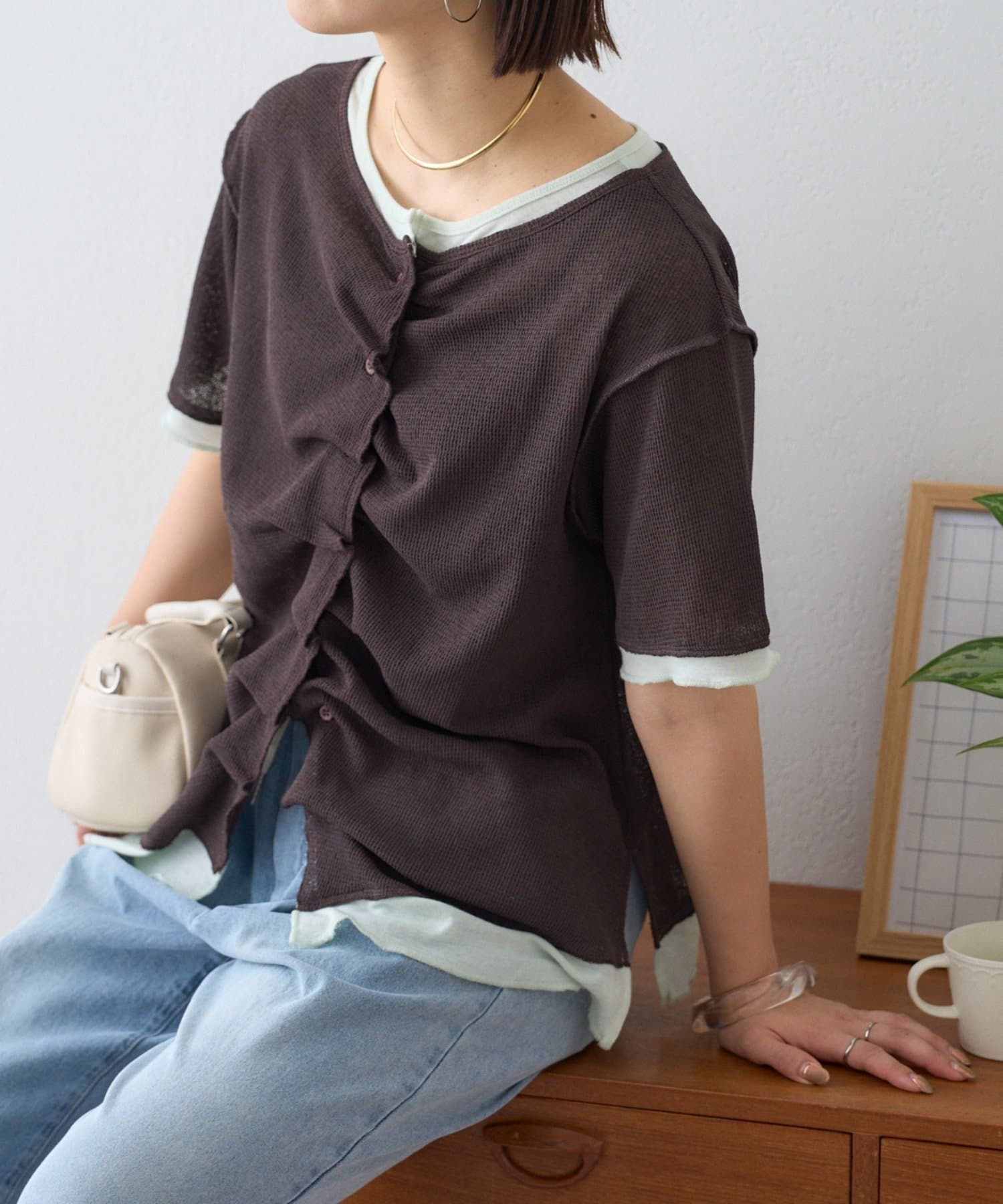 CIAOPANIC TYPY(チャオパニックティピー) フロントタックレイヤードライクシアーワッフルカーディガン