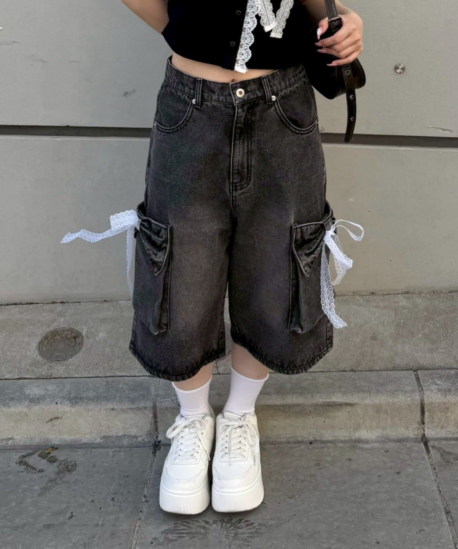 NICE CLAUP / OLIVE des OLIVE OUTLET(ナイスクラップ  / オリーブ デ オリーブ アウトレット) 【continuer】リボンカーゴハーフデニム