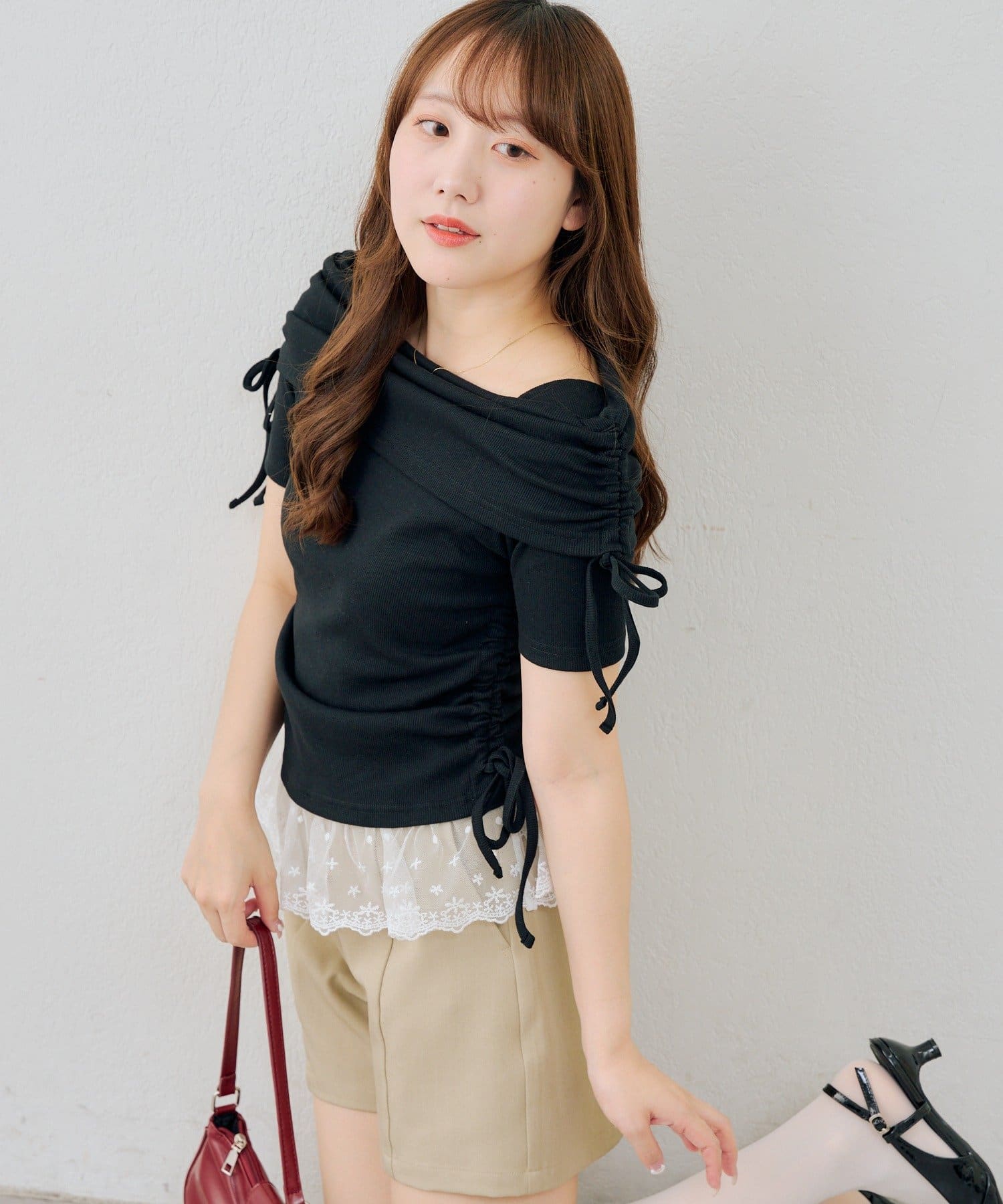 NICE CLAUP / OLIVE des OLIVE OUTLET(ナイスクラップ  / オリーブ デ オリーブ アウトレット) 【continuer】オフショル裾レーステレコ