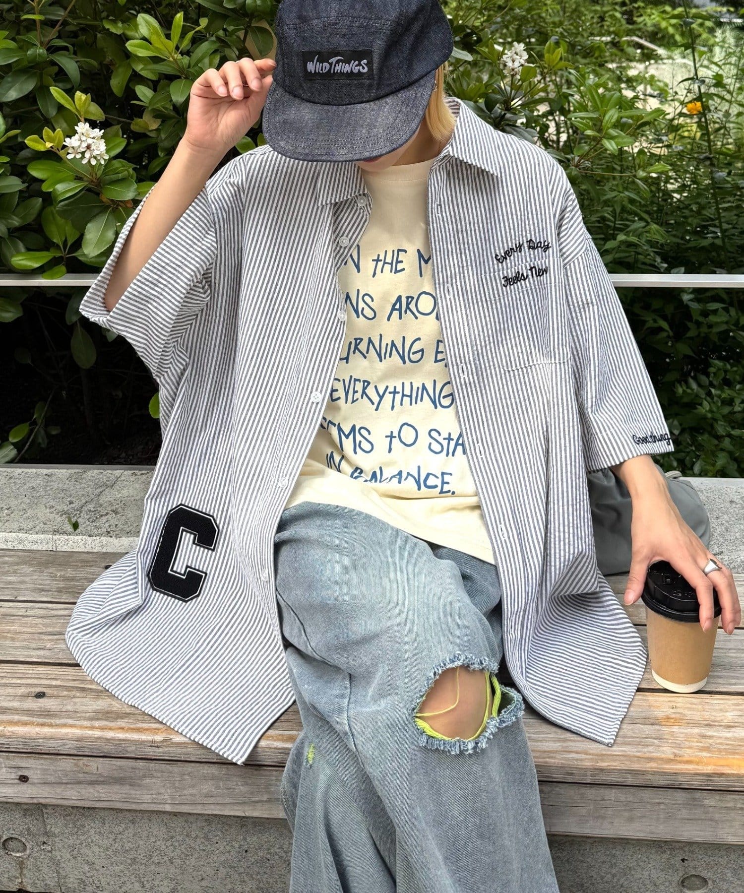 CIAOPANIC TYPY(チャオパニックティピー) 【UNISEX】ストライプ柄刺繍オーバーシャツ