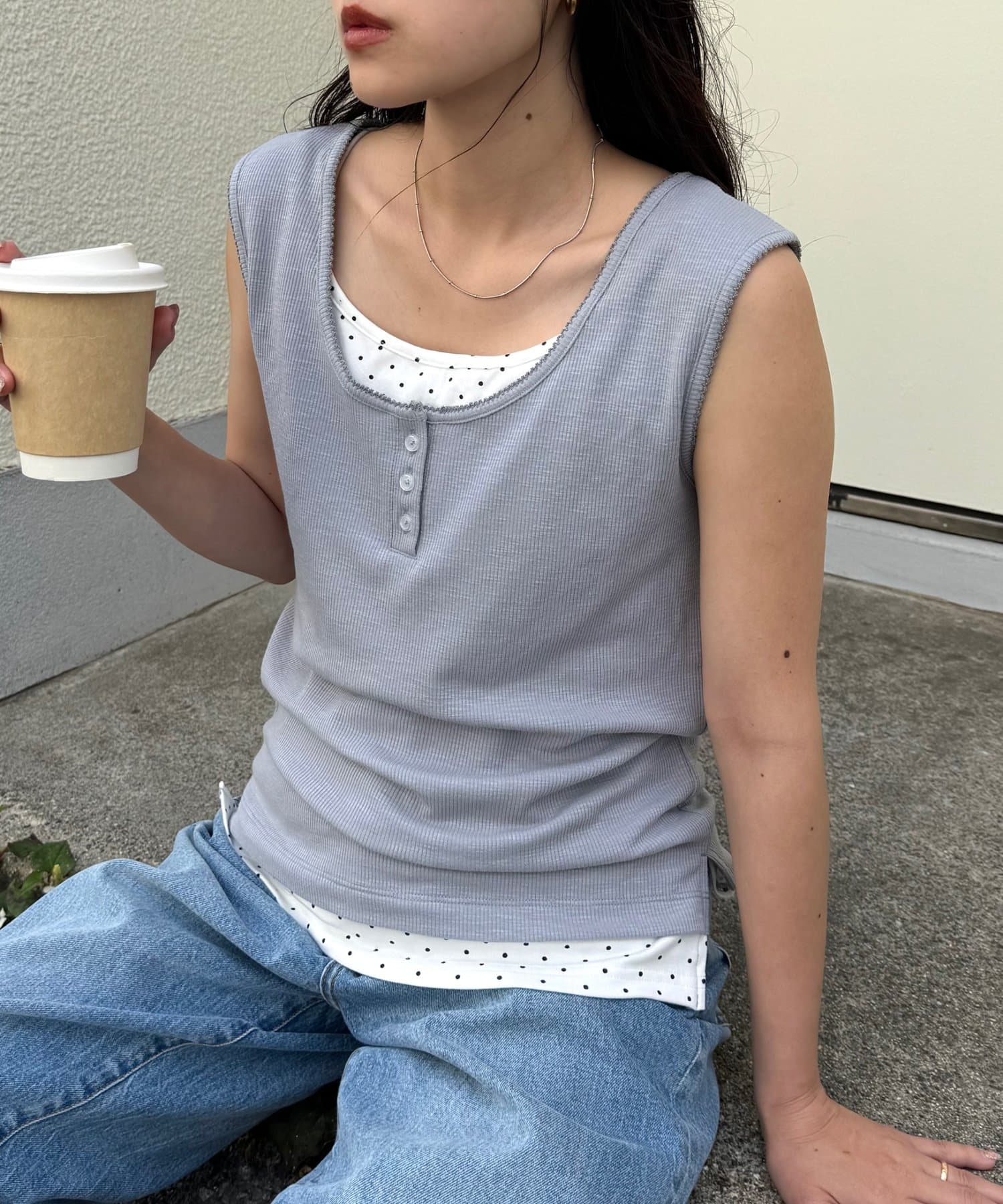 CIAOPANIC TYPY(チャオパニックティピー) 配色レイヤードヘンリーネックリブタンク