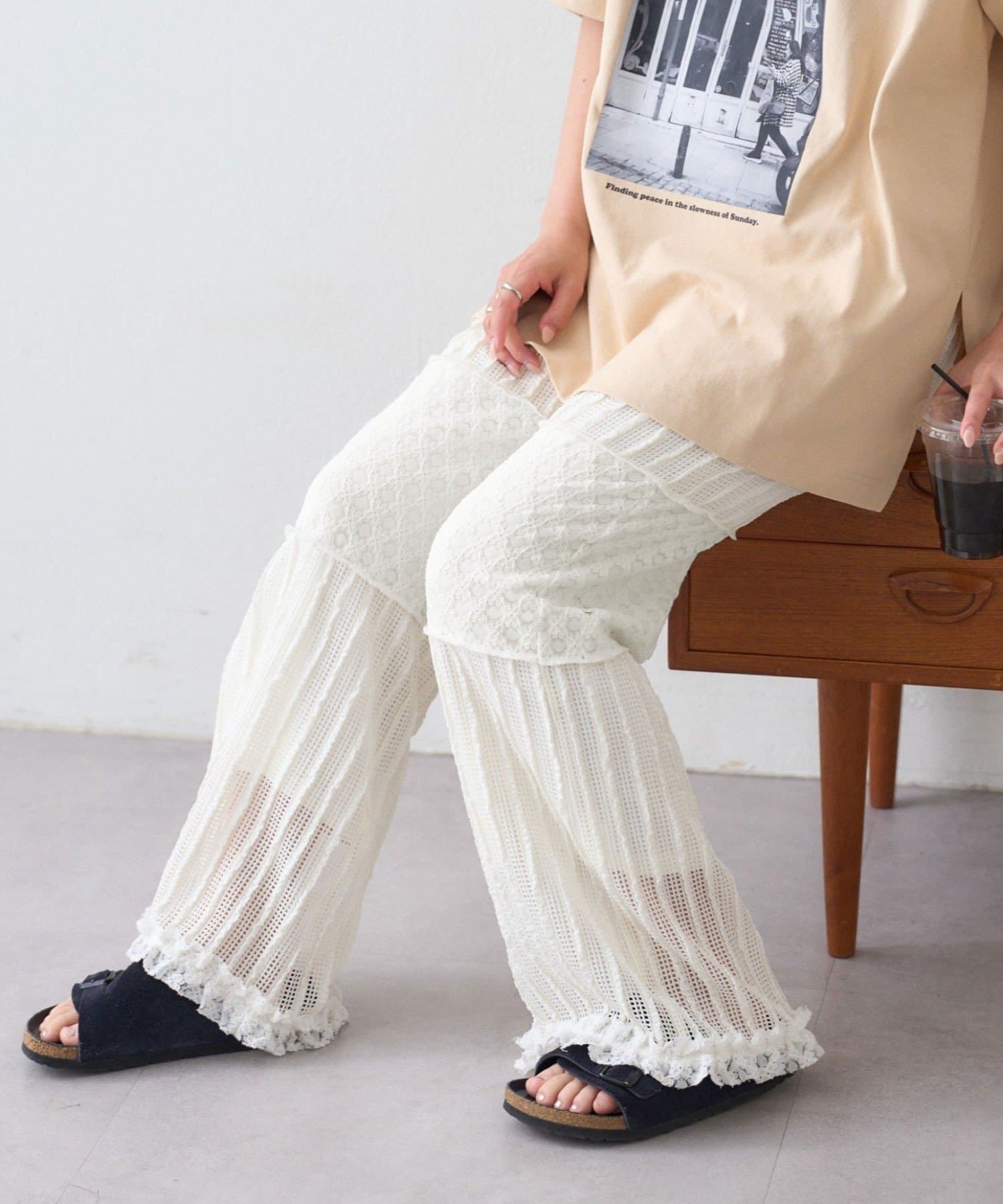 CIAOPANIC TYPY(チャオパニックティピー) 裾フリル切替メッシュレースフレアパンツ