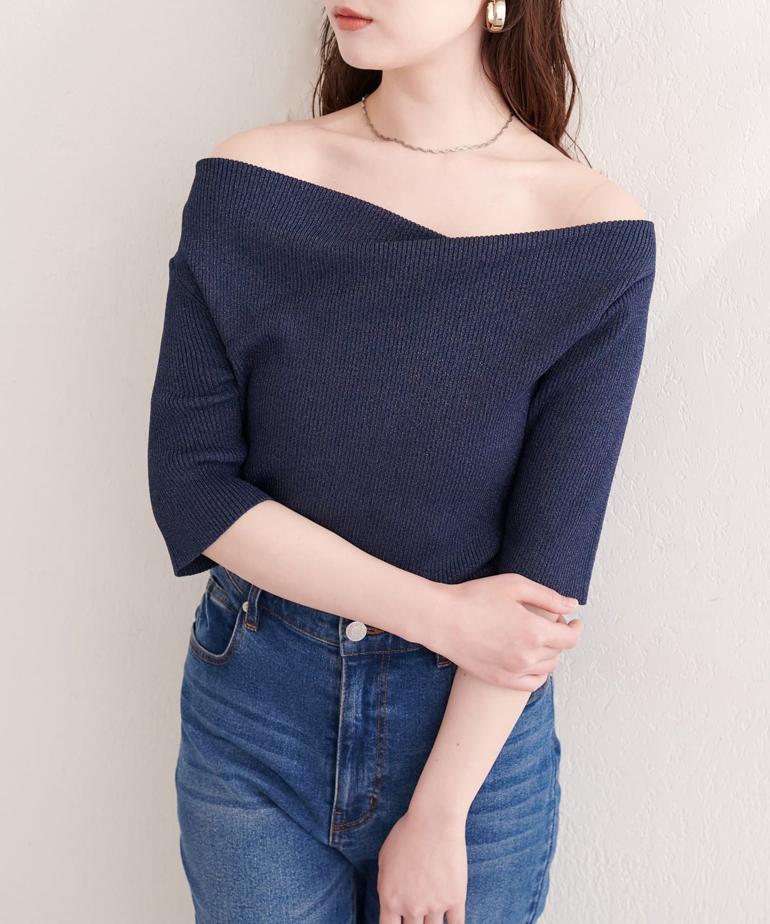 natural couture(ナチュラルクチュール) ドレープ半袖ラメニット