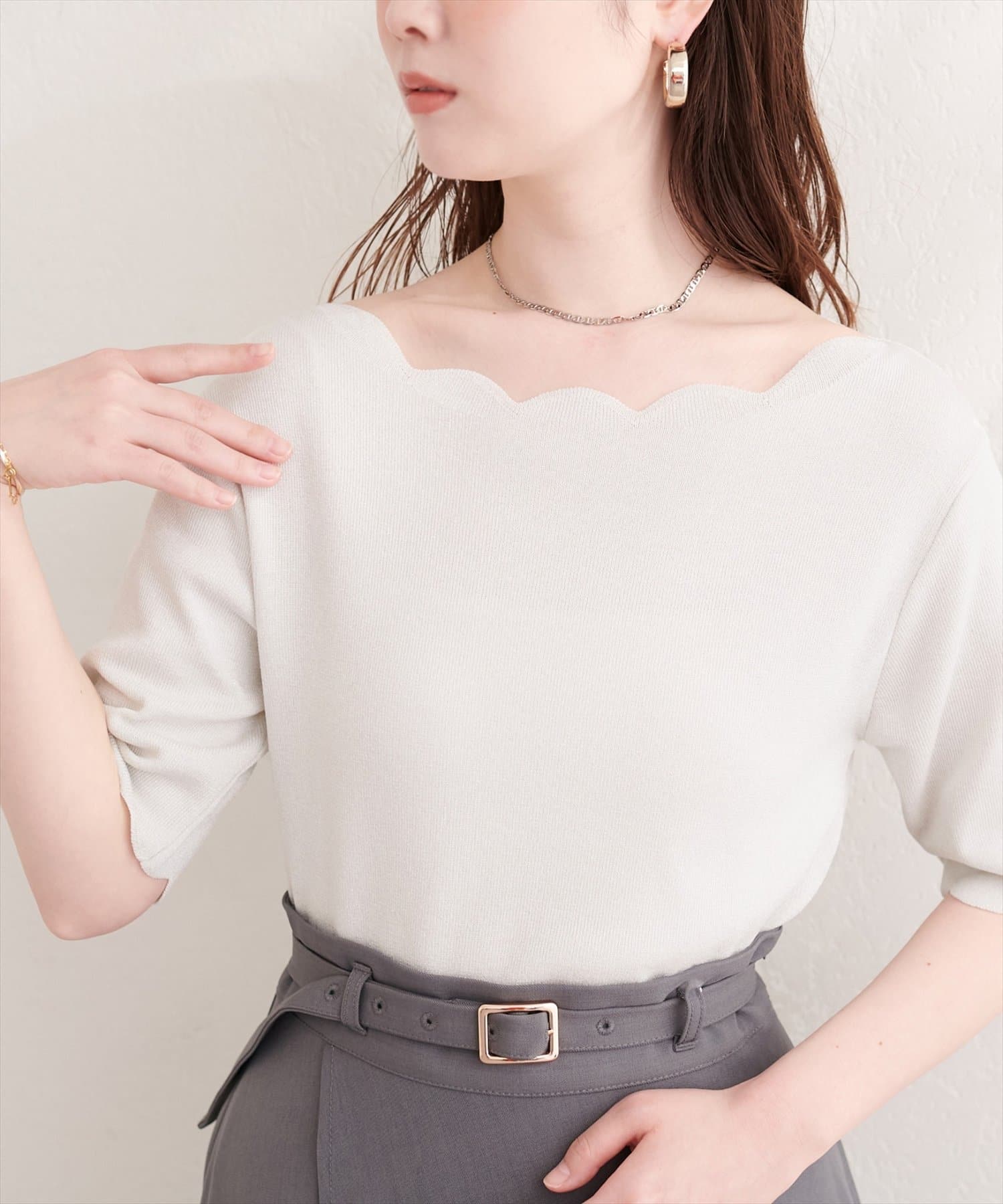 natural couture(ナチュラルクチュール) スカラップラメ５分袖ニット