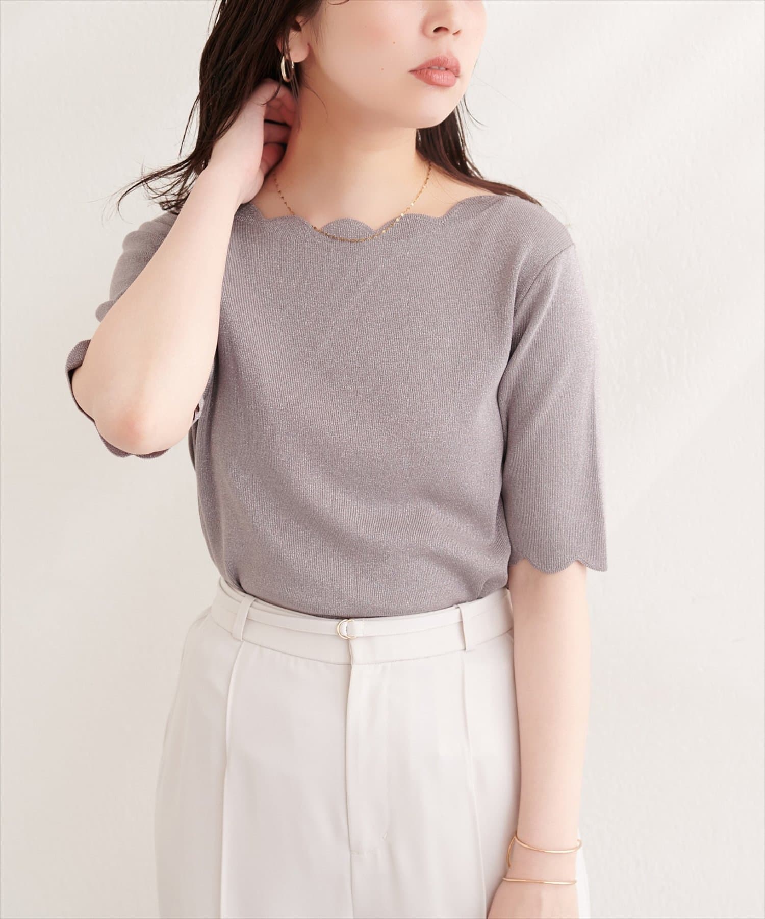 natural couture(ナチュラルクチュール) スカラップラメ５分袖ニット