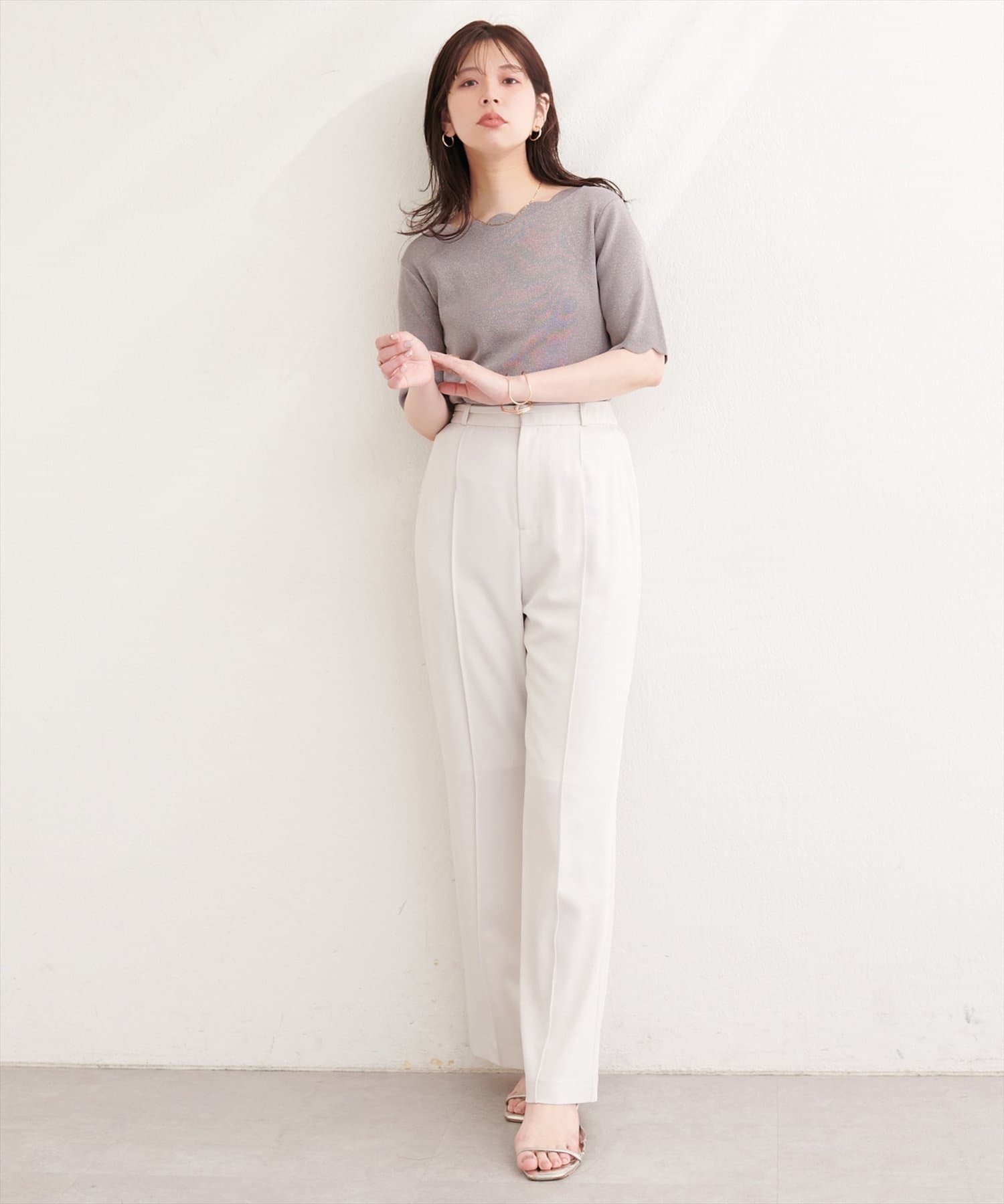 natural couture(ナチュラルクチュール) スカラップラメ５分袖ニット