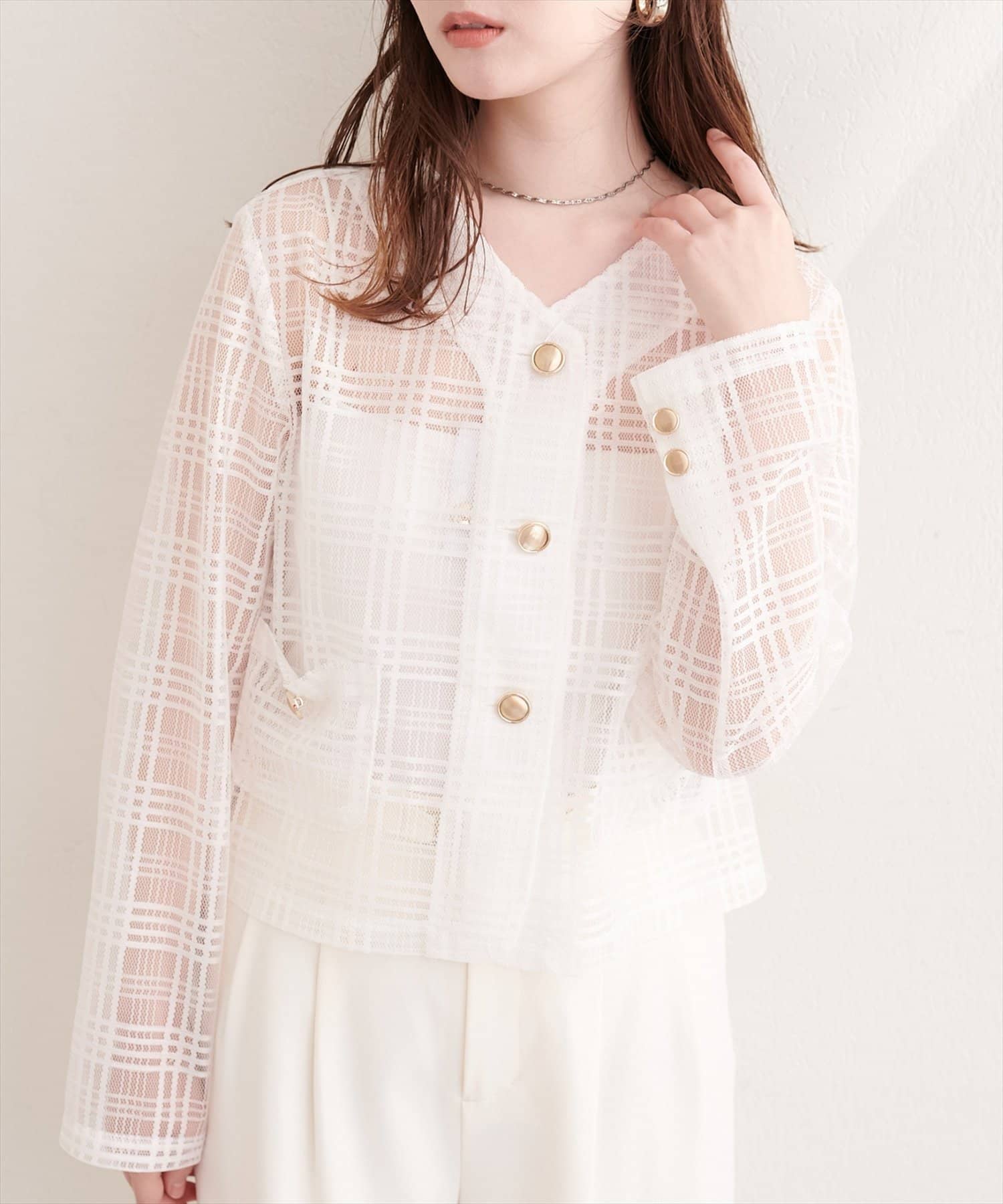 natural couture(ナチュラルクチュール) シアーチェックノーカラーショートジャケット