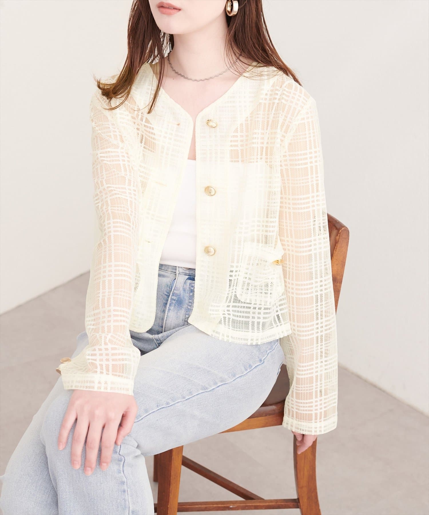 natural couture(ナチュラルクチュール) シアーチェックノーカラーショートジャケット