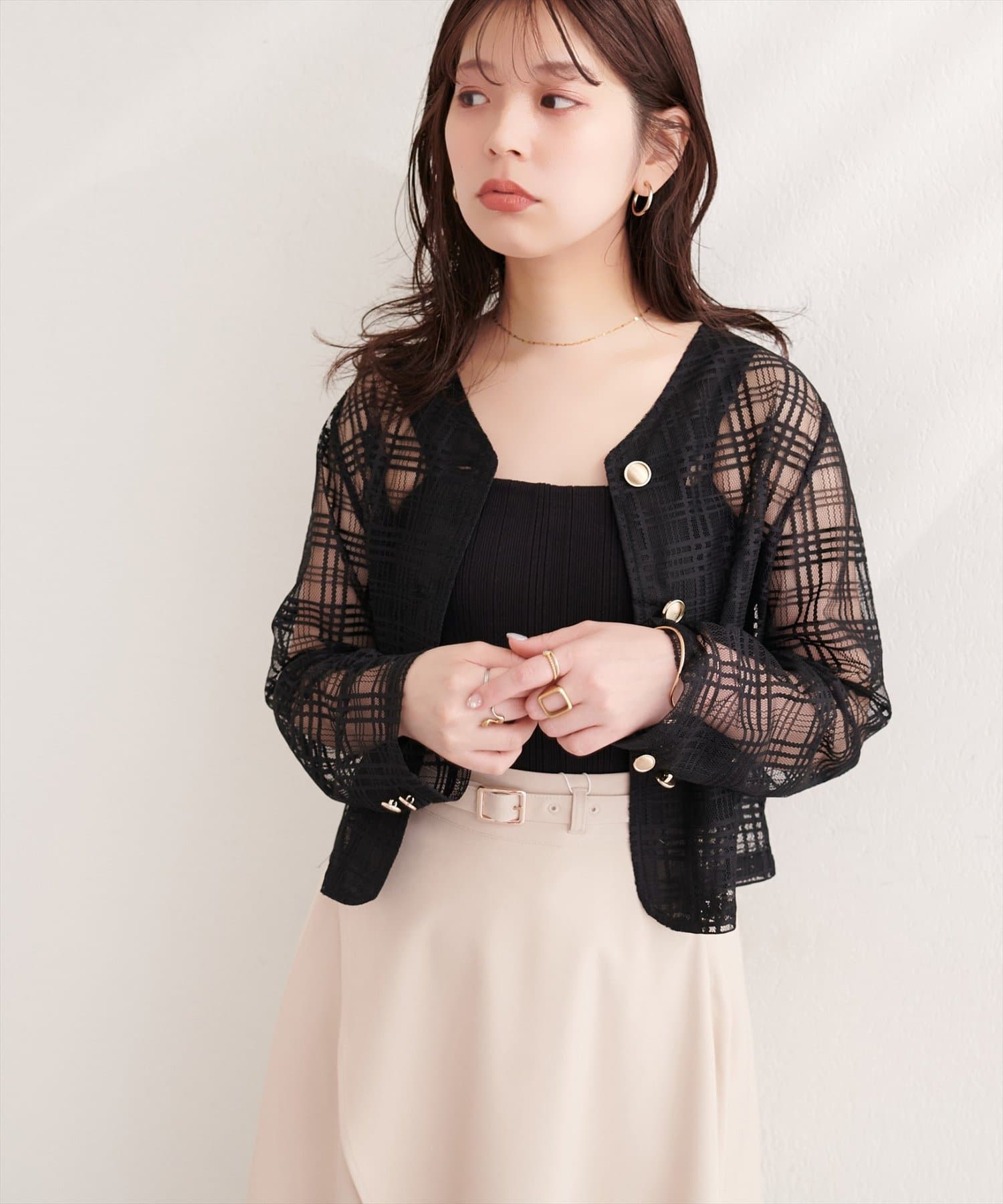 natural couture(ナチュラルクチュール) シアーチェックノーカラーショートジャケット