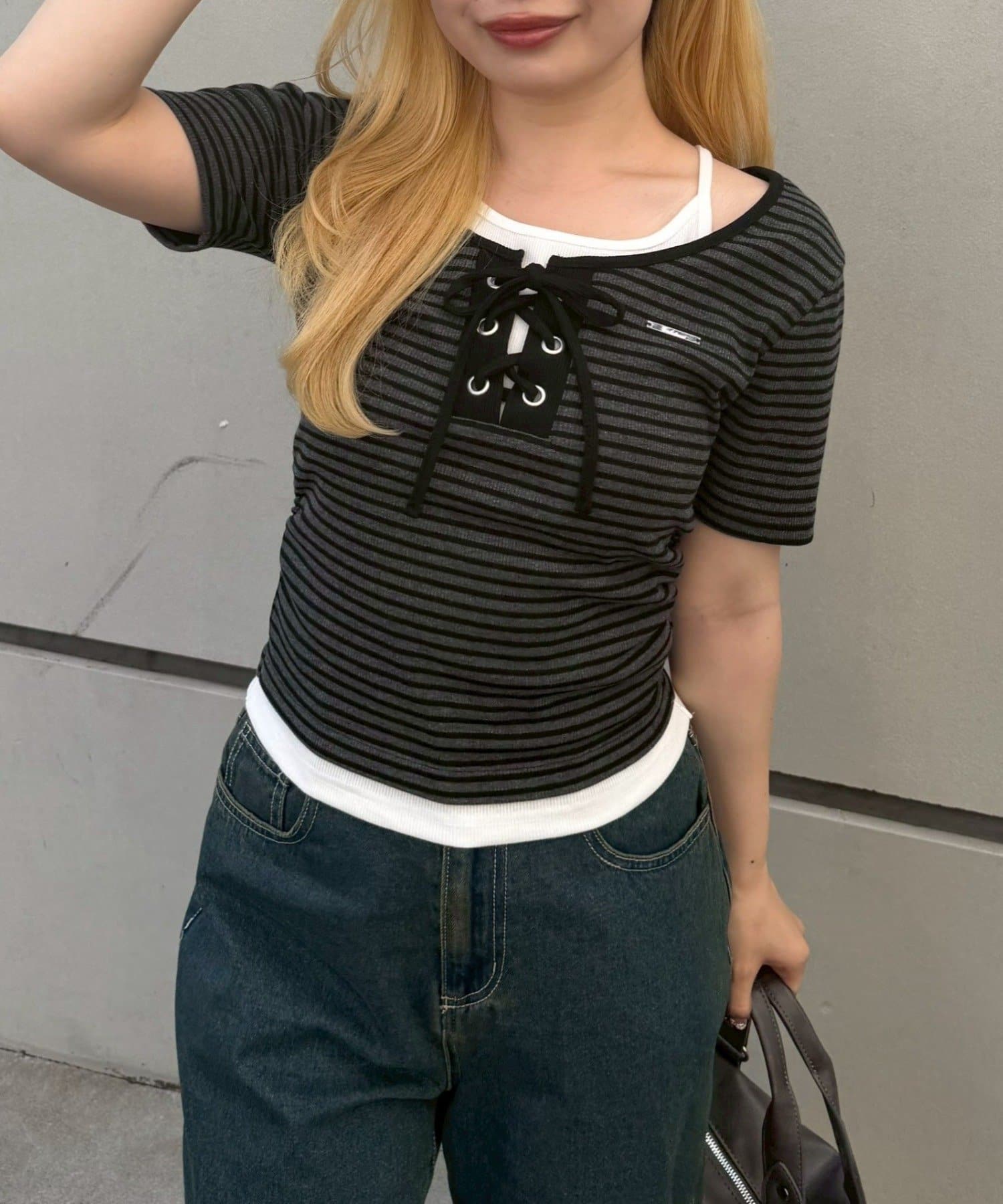 NICE CLAUP / OLIVE des OLIVE OUTLET(ナイスクラップ  / オリーブ デ オリーブ アウトレット) 【ANOTHER BRANCH】レースアップレイヤード風プルオーバー