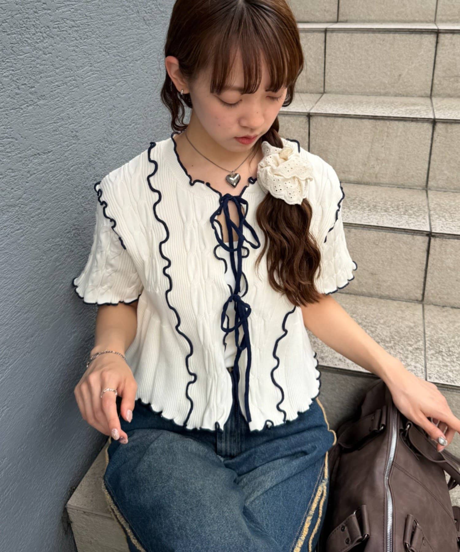 w closet(ダブルクローゼット) 半袖配色ボレロカーデ